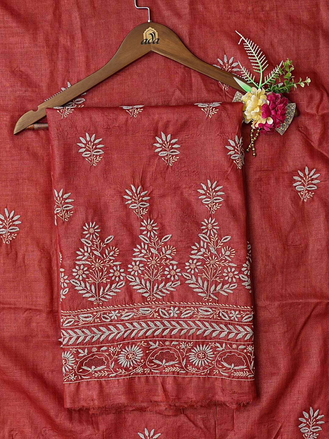 Ada Hand Embroidered Maroon Silk Lucknowi Chikankari Unstitched Kurta Dupatta Set 01A836093