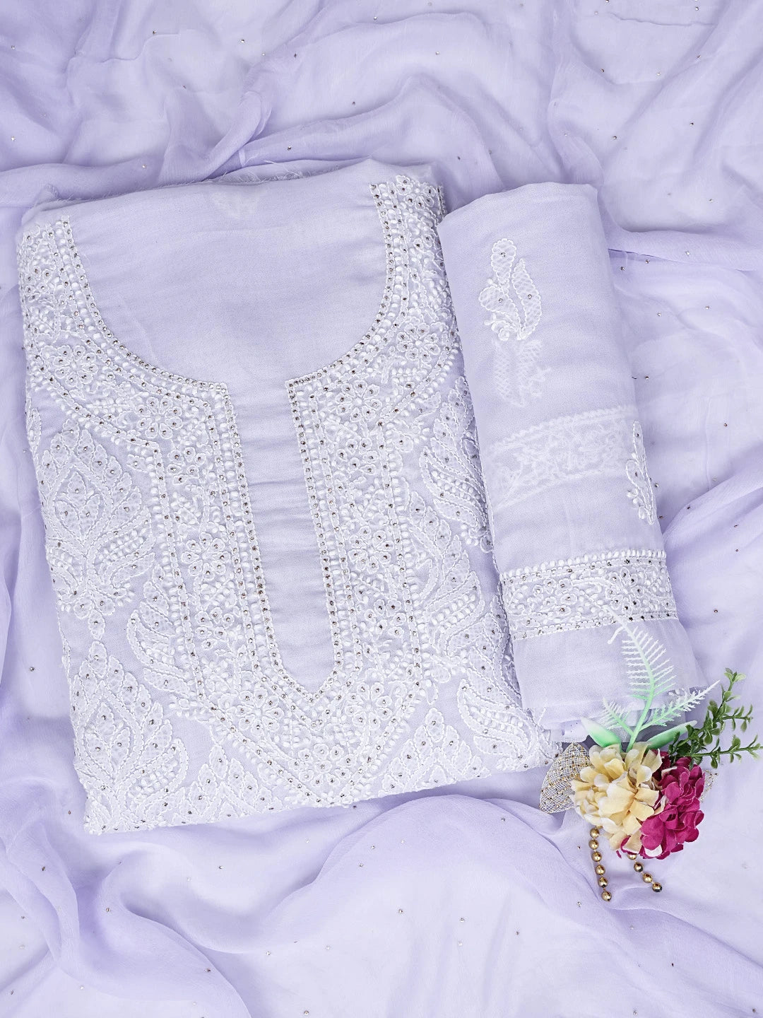 Ada Hand Embroidered Mauve Cotton Lucknowi Chikankari Unstitched Suit Piece With Muqaish Work 01A767595