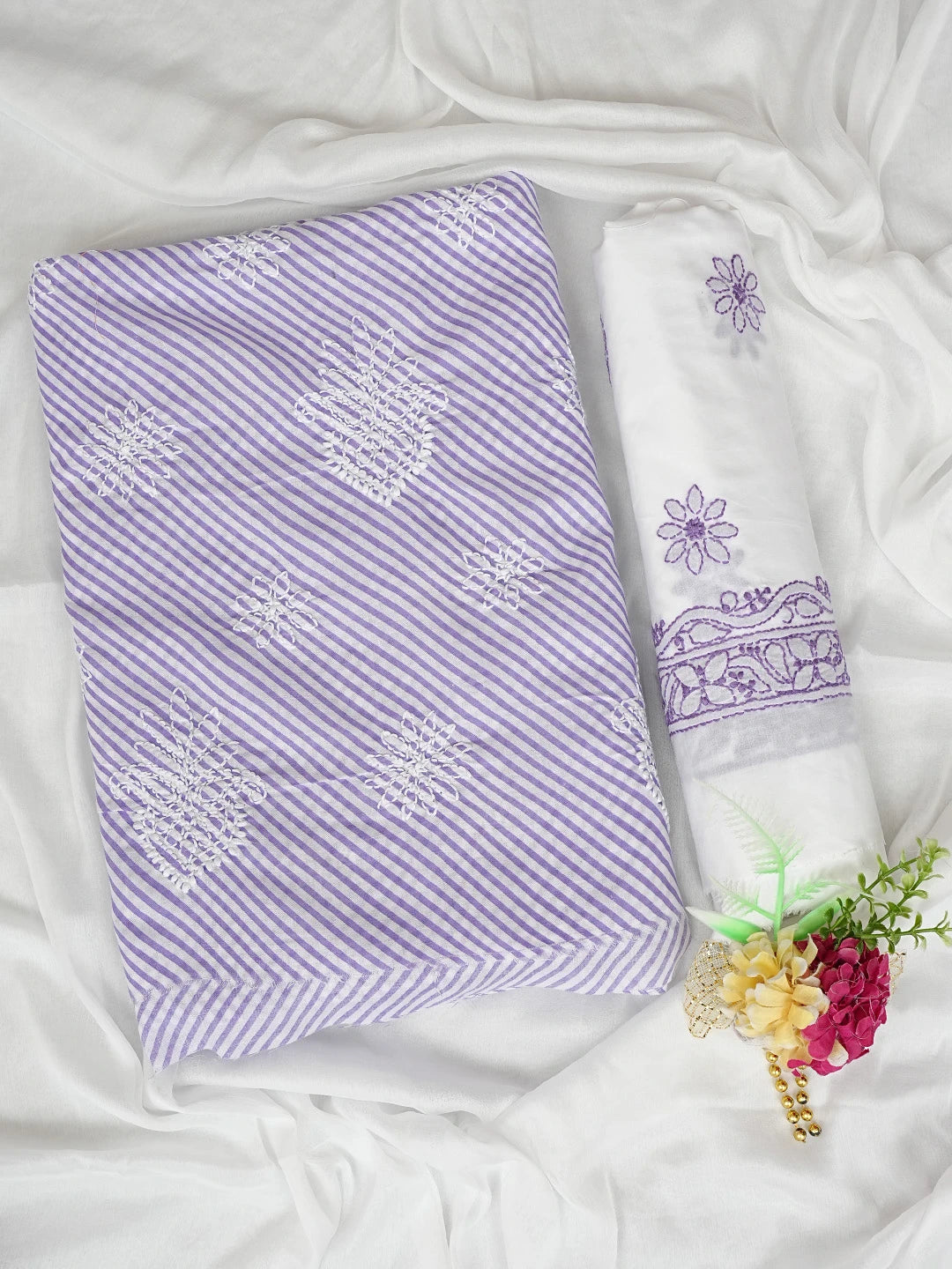 Ada Hand Embroidered Mauve and White Cotton Lucknowi Chikankari Unstitched Suit Piece 01A836826