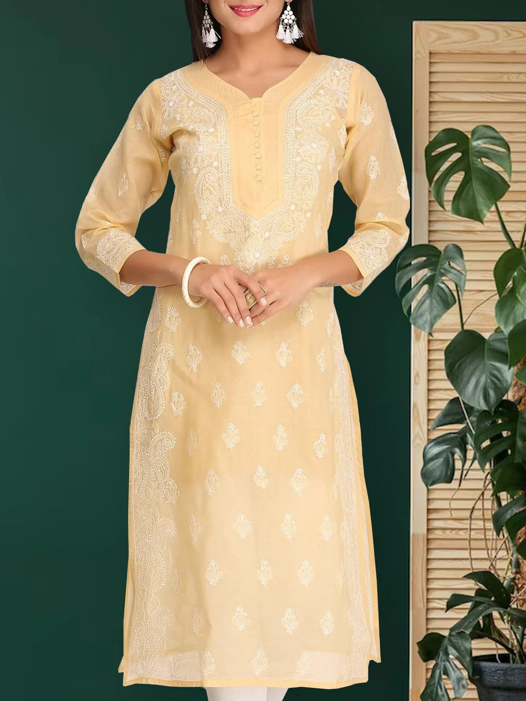 Ada Hand Embroidered Fawn Cotton Lucknowi Chikankari Straight Kurta A252866