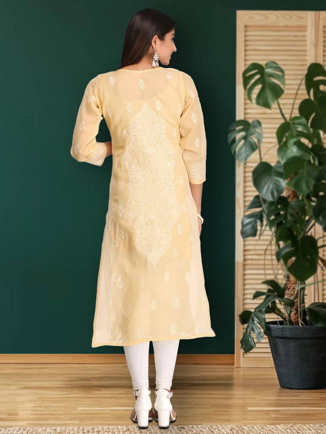 Ada Hand Embroidered Fawn Cotton Lucknowi Chikankari Straight Kurta A252866