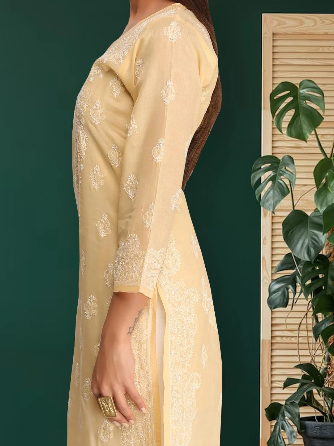 Ada Hand Embroidered Fawn Cotton Lucknowi Chikankari Straight Kurta A252866