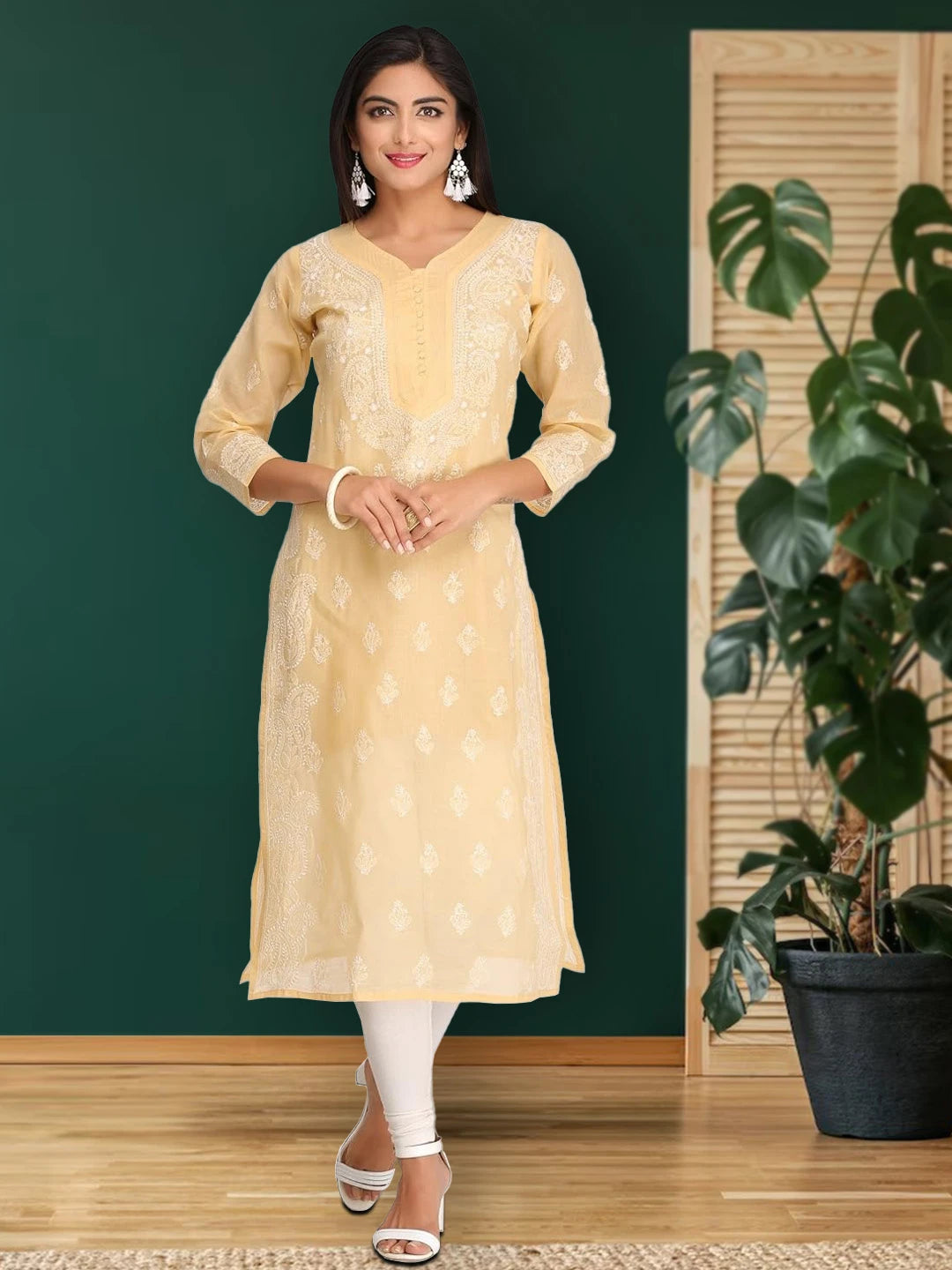 Ada Hand Embroidered Fawn Cotton Lucknowi Chikankari Straight Kurta A252866