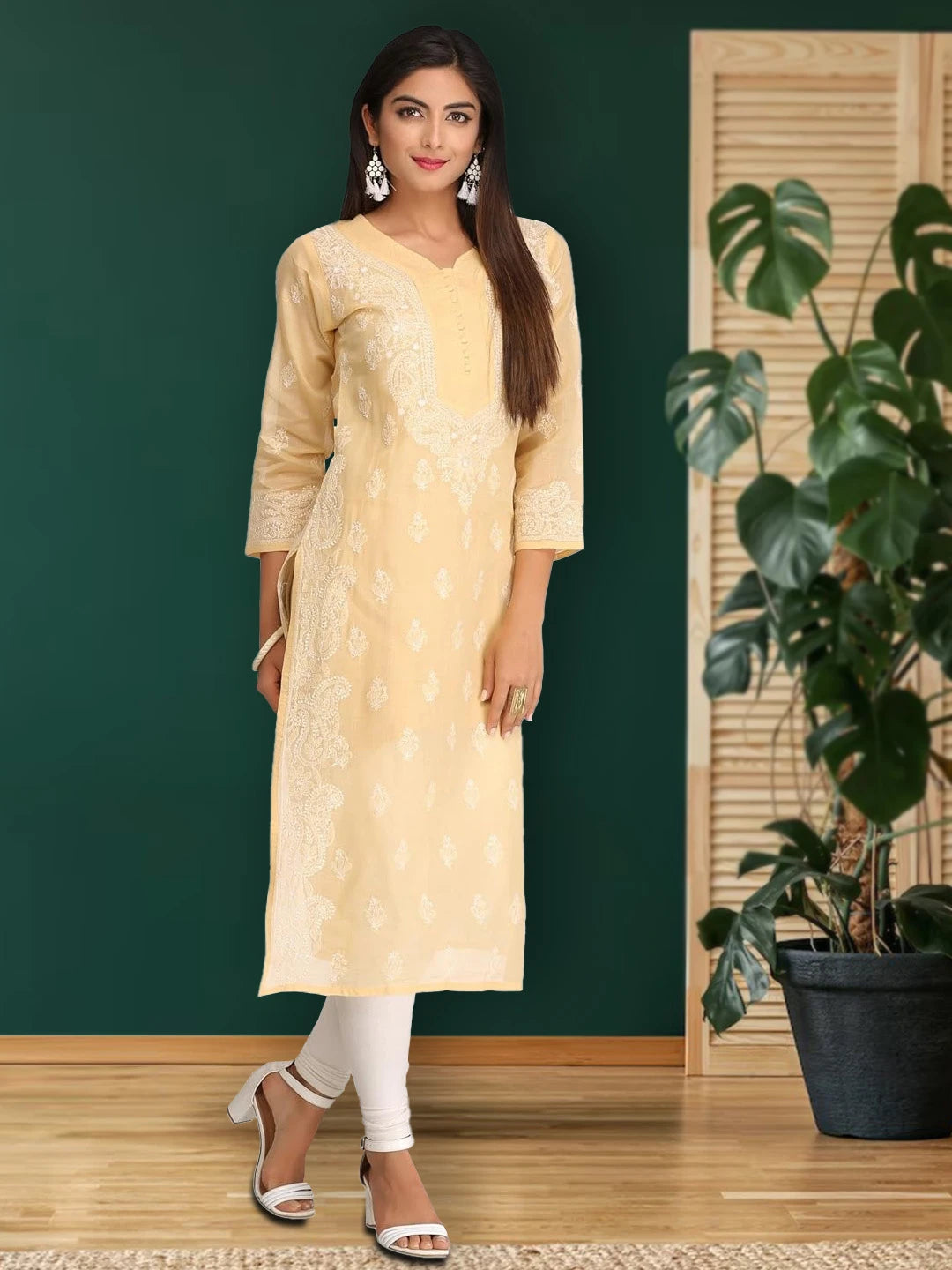 Ada Hand Embroidered Fawn Cotton Lucknowi Chikankari Straight Kurta A252866