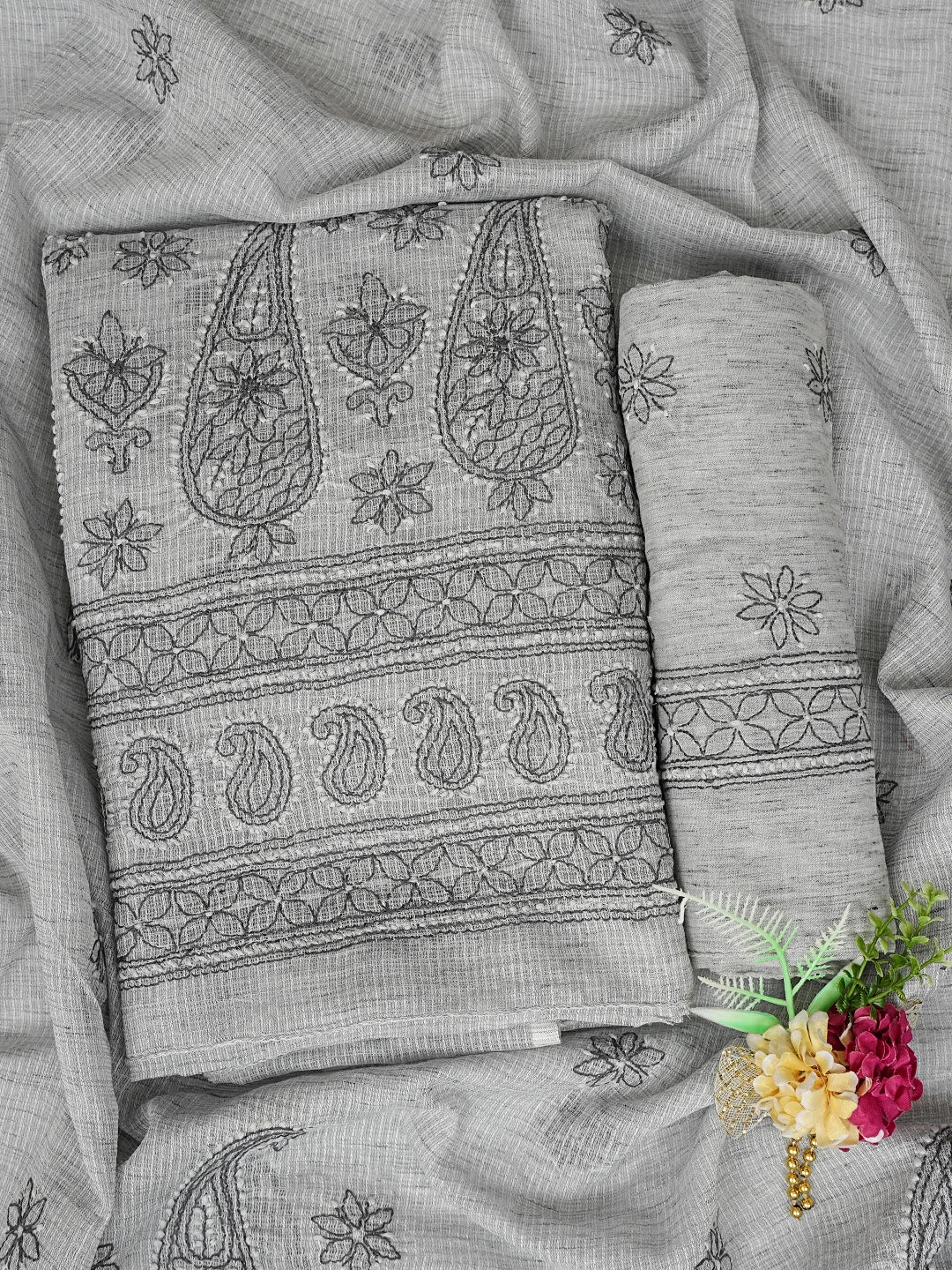 Ada Hand Embroidered Grey Kota Lucknowi Chikankari Unstitched Suit Piece 01A831708