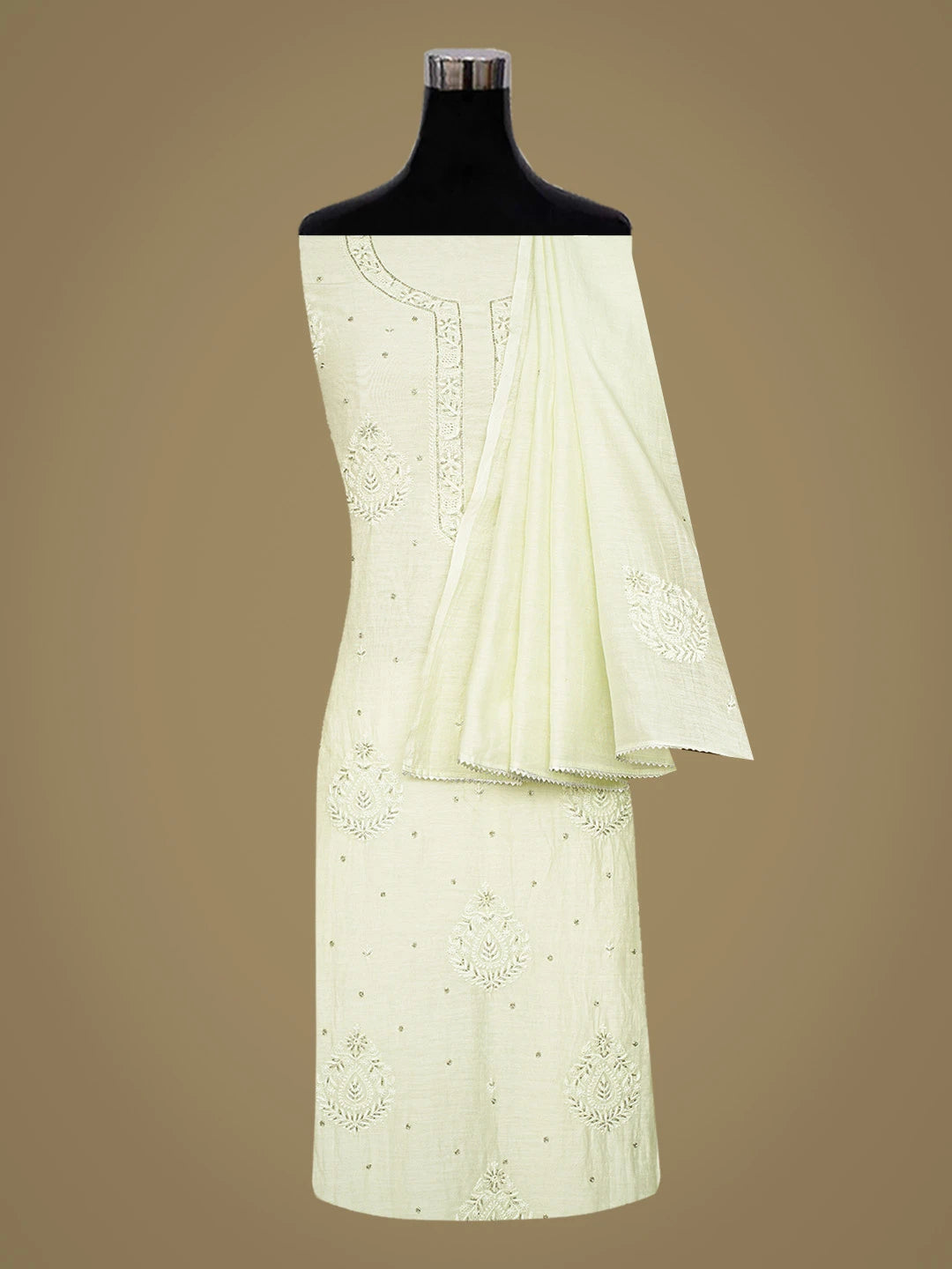Ada Hand Embroidered Lime Green Chanderi Lucknowi Chikankari Unstitched Kurta Dupatta Set With Cutdana Work 01A720012