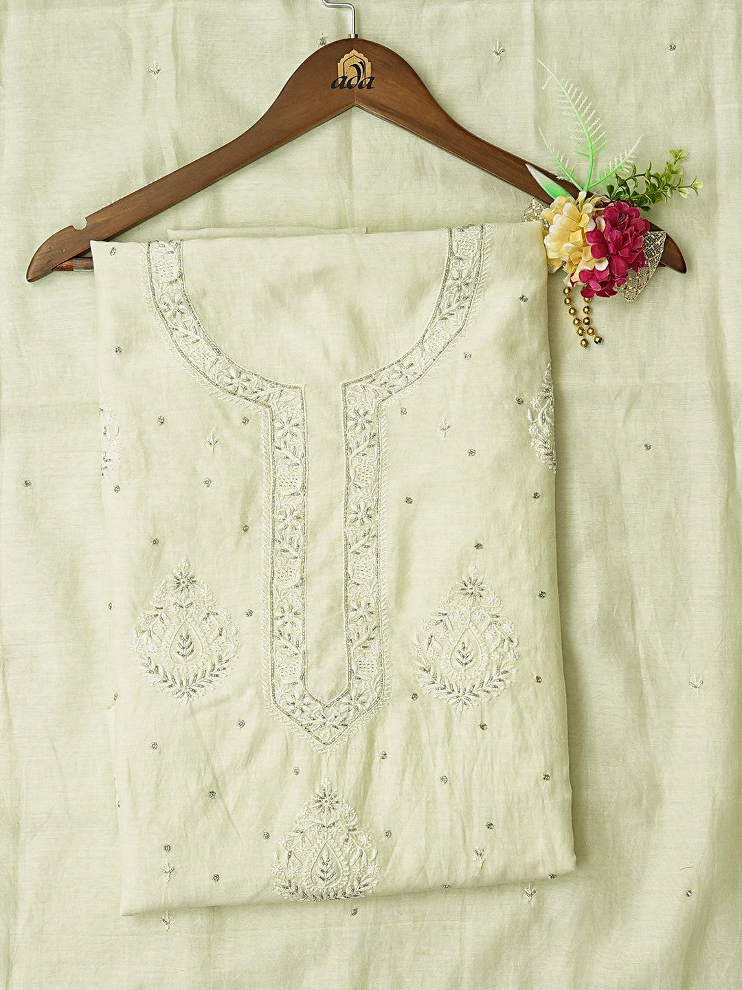 Ada Hand Embroidered Lime Green Chanderi Lucknowi Chikankari Unstitched Kurta Dupatta Set With Cutdana Work 01A720012