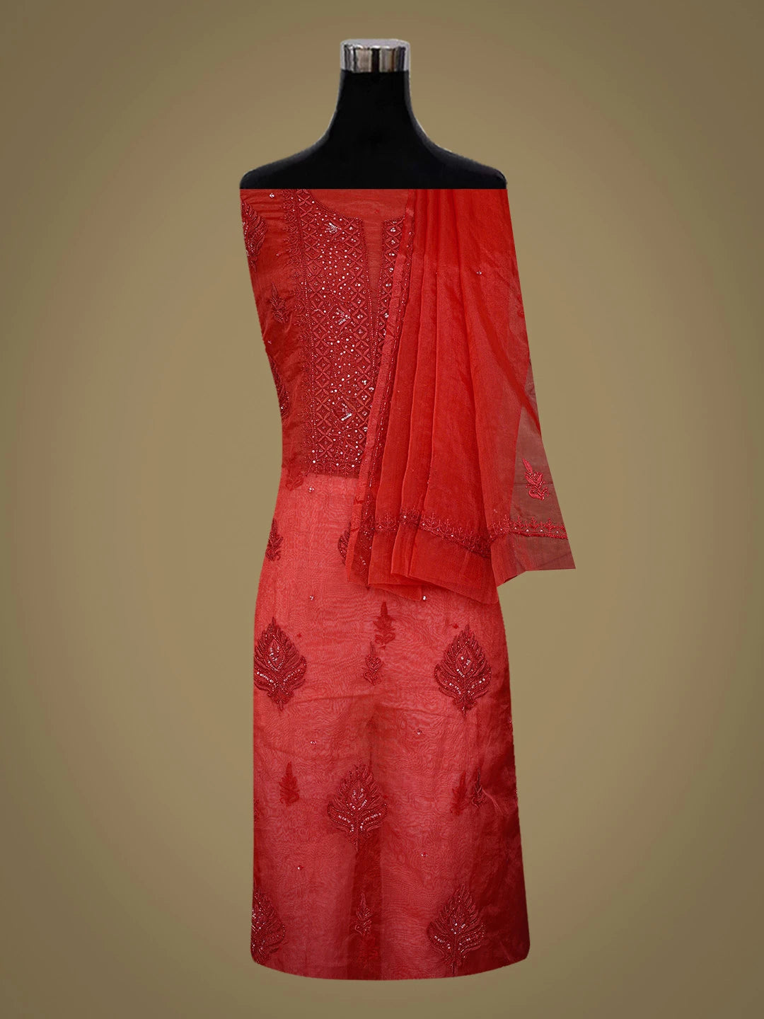 Ada Hand Embroidered Red Organza Lucknowi Chikankari Unstitched Kurta Dupatta Set With Cutdana Work 01A720566
