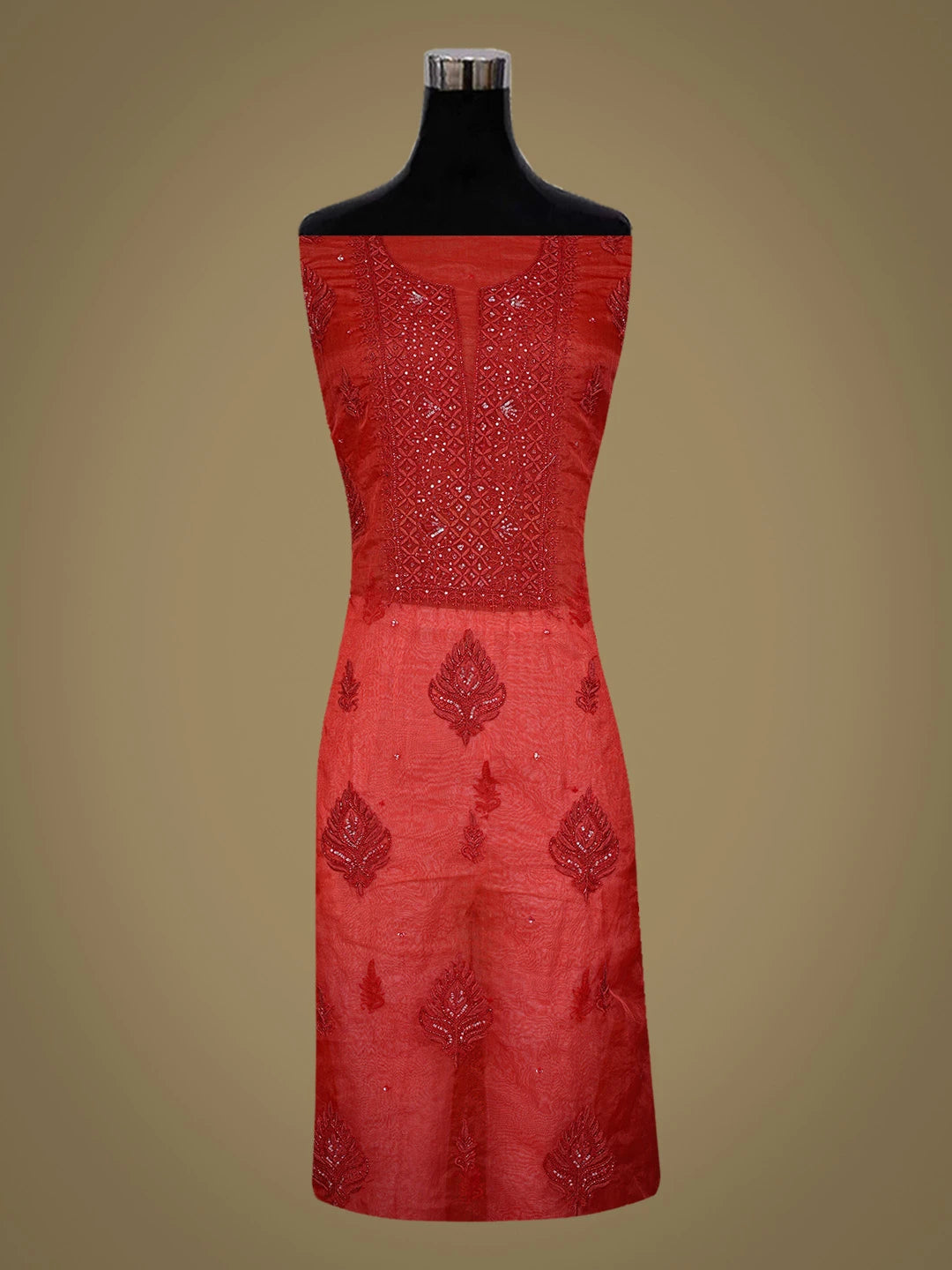 Ada Hand Embroidered Red Organza Lucknowi Chikankari Unstitched Kurta Dupatta Set With Cutdana Work 01A720566