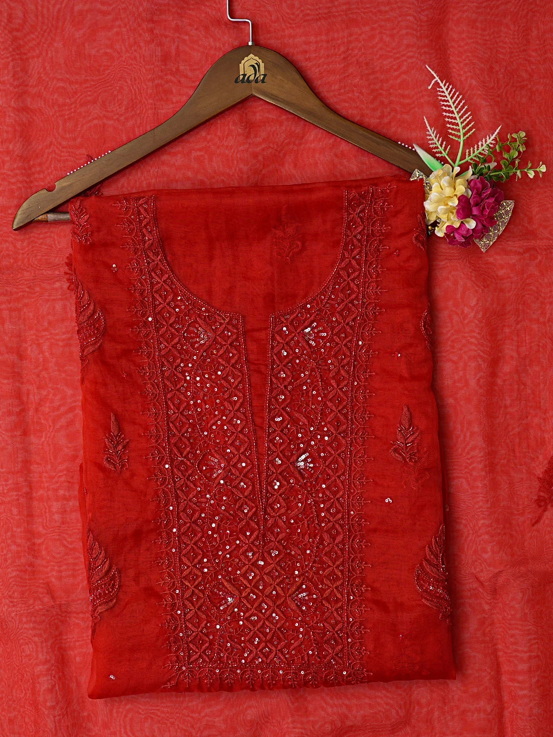 Ada Hand Embroidered Red Organza Lucknowi Chikankari Unstitched Kurta Dupatta Set With Cutdana Work 01A720566