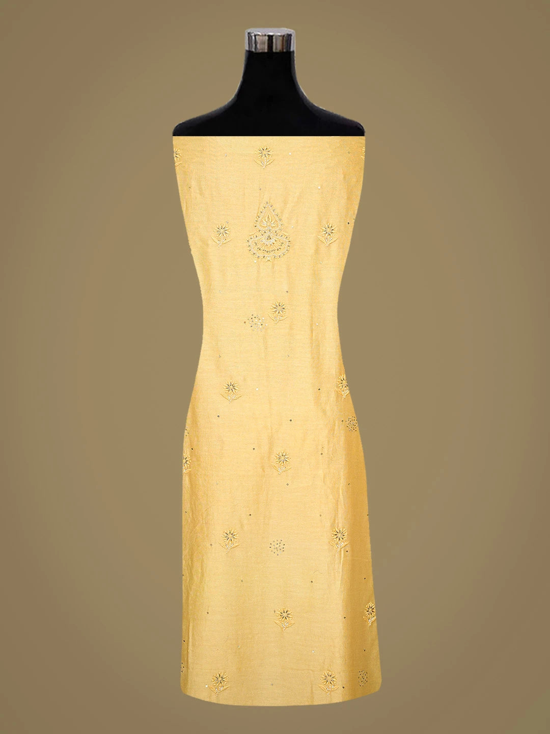 Ada Hand Embroidered Mustard Chanderi Lucknowi Chikankari Unstitched Kurta Dupatta Set With Cutdana Work 01A665712
