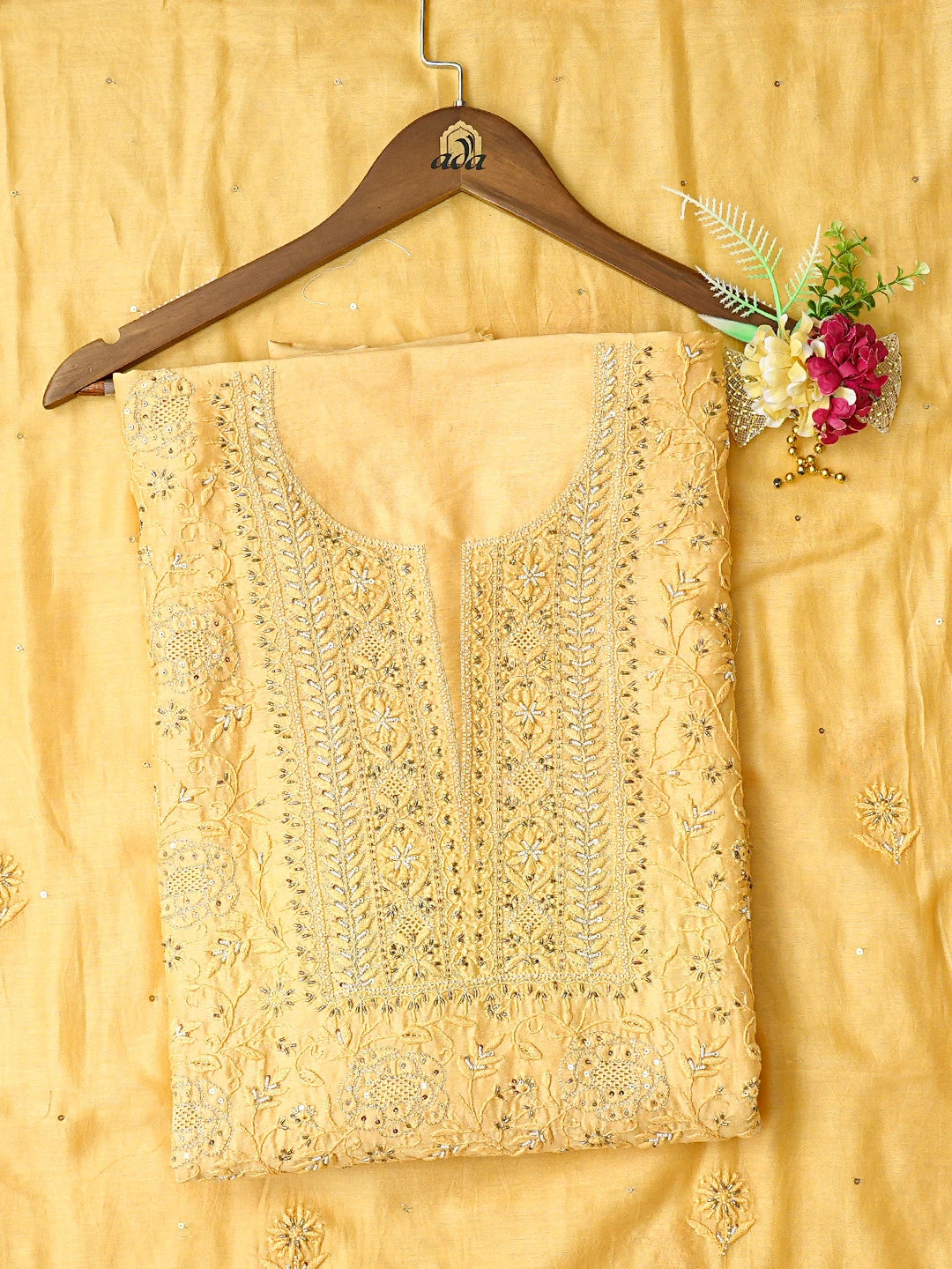 Ada Hand Embroidered Mustard Chanderi Lucknowi Chikankari Unstitched Kurta Dupatta Set With Cutdana Work 01A665712