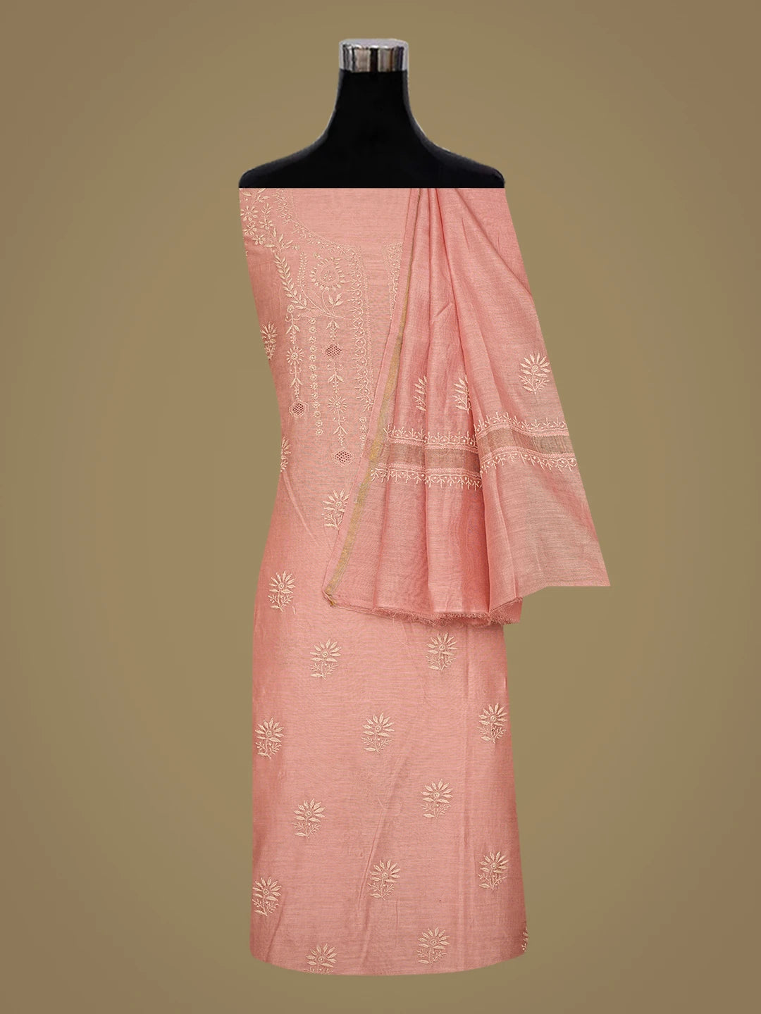 Ada Hand Embroidered Dusty Peach Chanderi Lucknowi Chikankari Unstitched Kurta Dupatta Set With Cutdana Work 01A836534