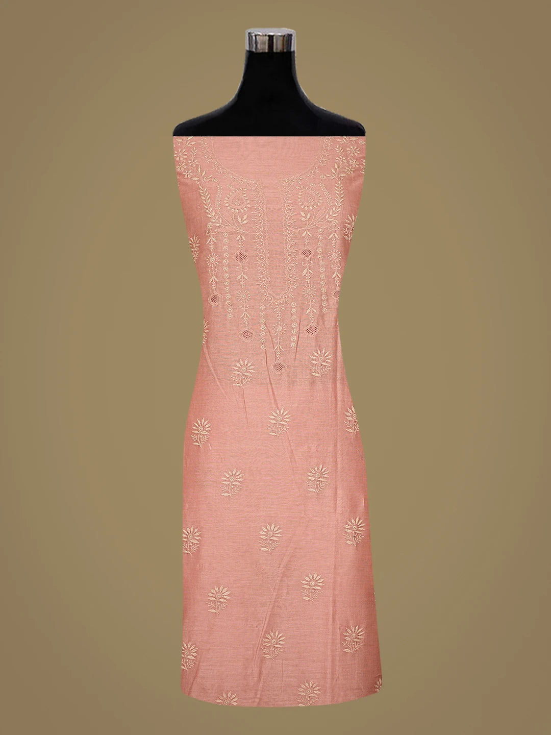 Ada Hand Embroidered Dusty Peach Chanderi Lucknowi Chikankari Unstitched Kurta Dupatta Set With Cutdana Work 01A836534