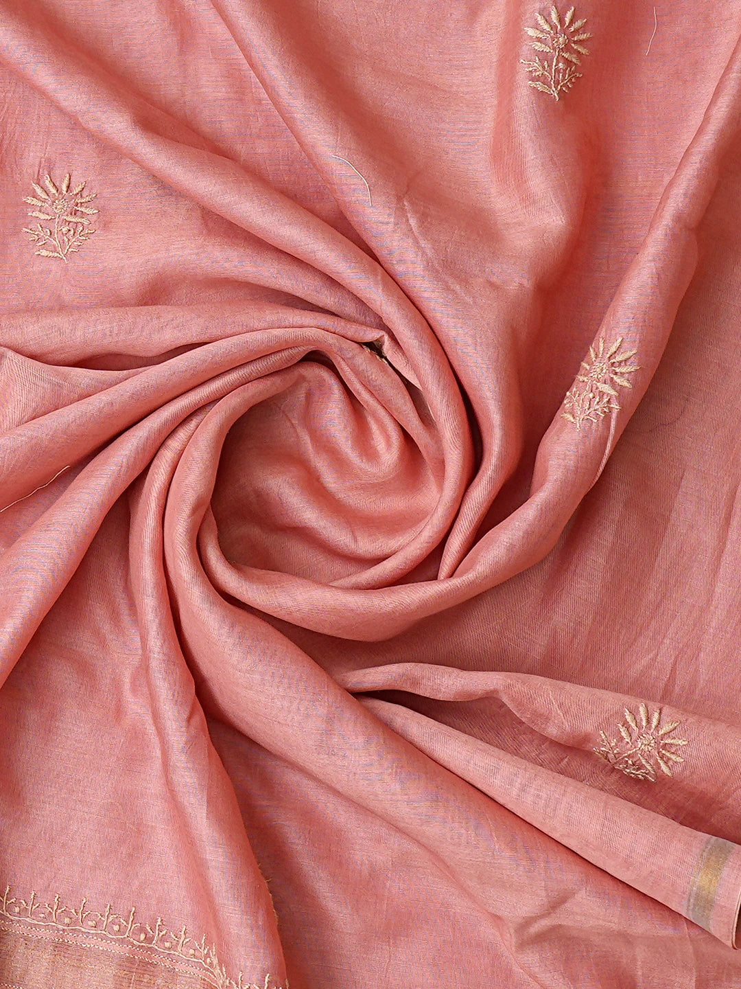 Ada Hand Embroidered Dusty Peach Chanderi Lucknowi Chikankari Unstitched Kurta Dupatta Set With Cutdana Work 01A836534