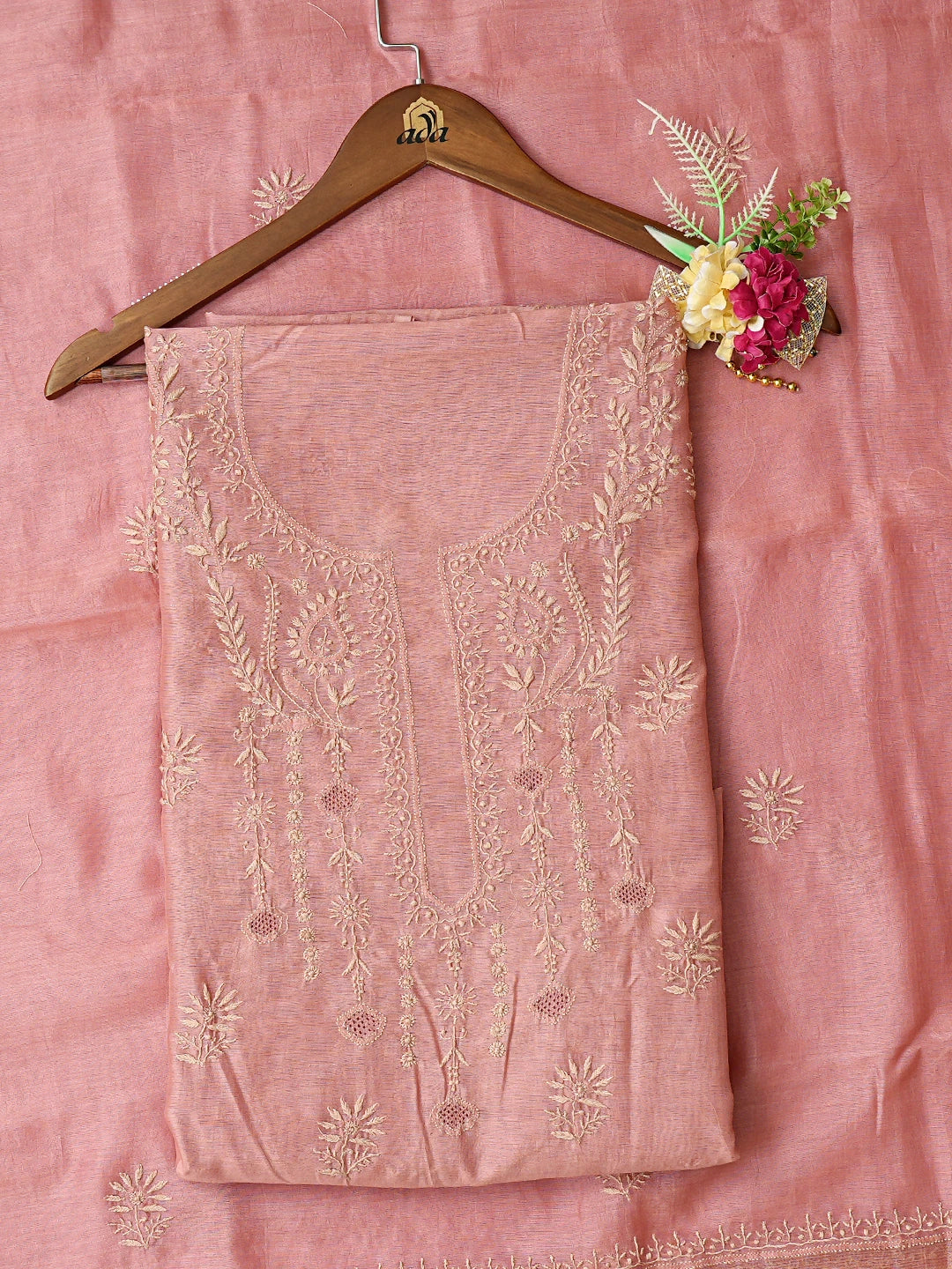 Ada Hand Embroidered Dusty Peach Chanderi Lucknowi Chikankari Unstitched Kurta Dupatta Set With Cutdana Work 01A836534