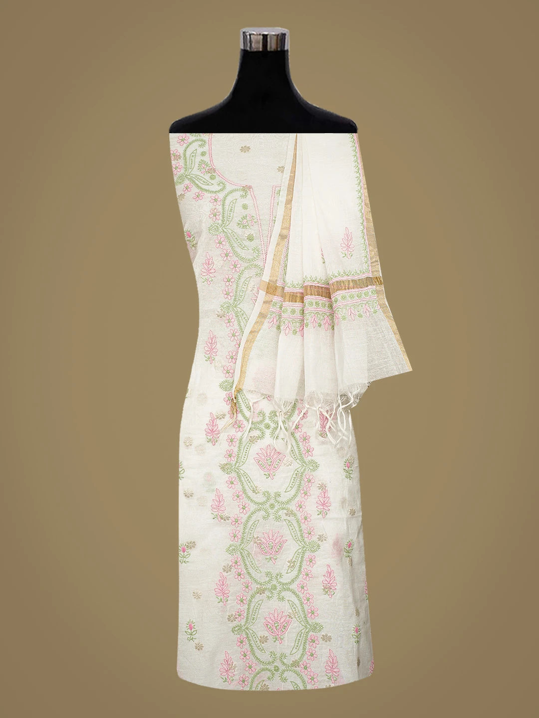 Ada Hand Embroidered White Chanderi Lucknowi Chikankari Unstitched Kurta Dupatta Set 01A836905