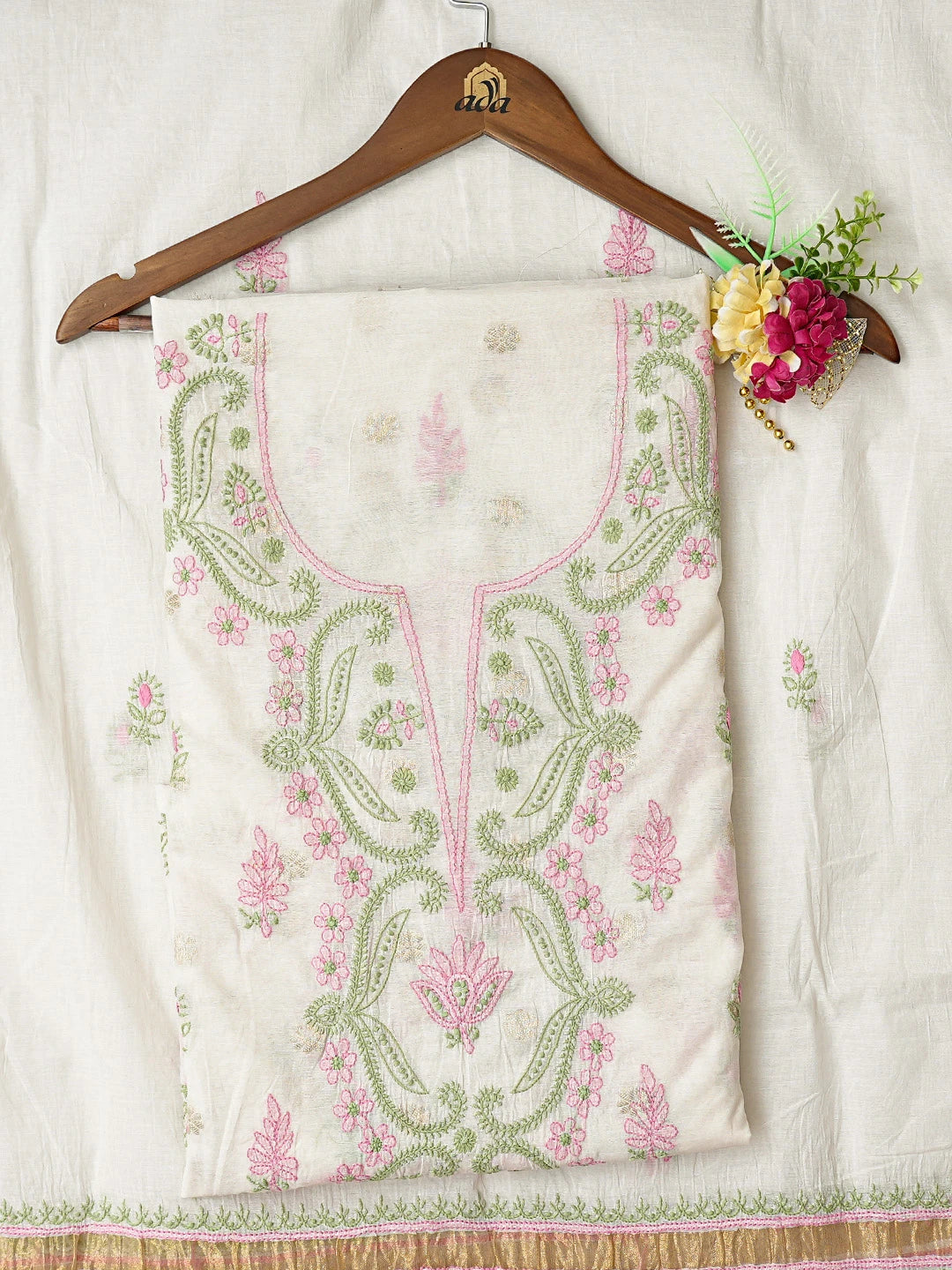 Ada Hand Embroidered White Chanderi Lucknowi Chikankari Unstitched Kurta Dupatta Set 01A836905