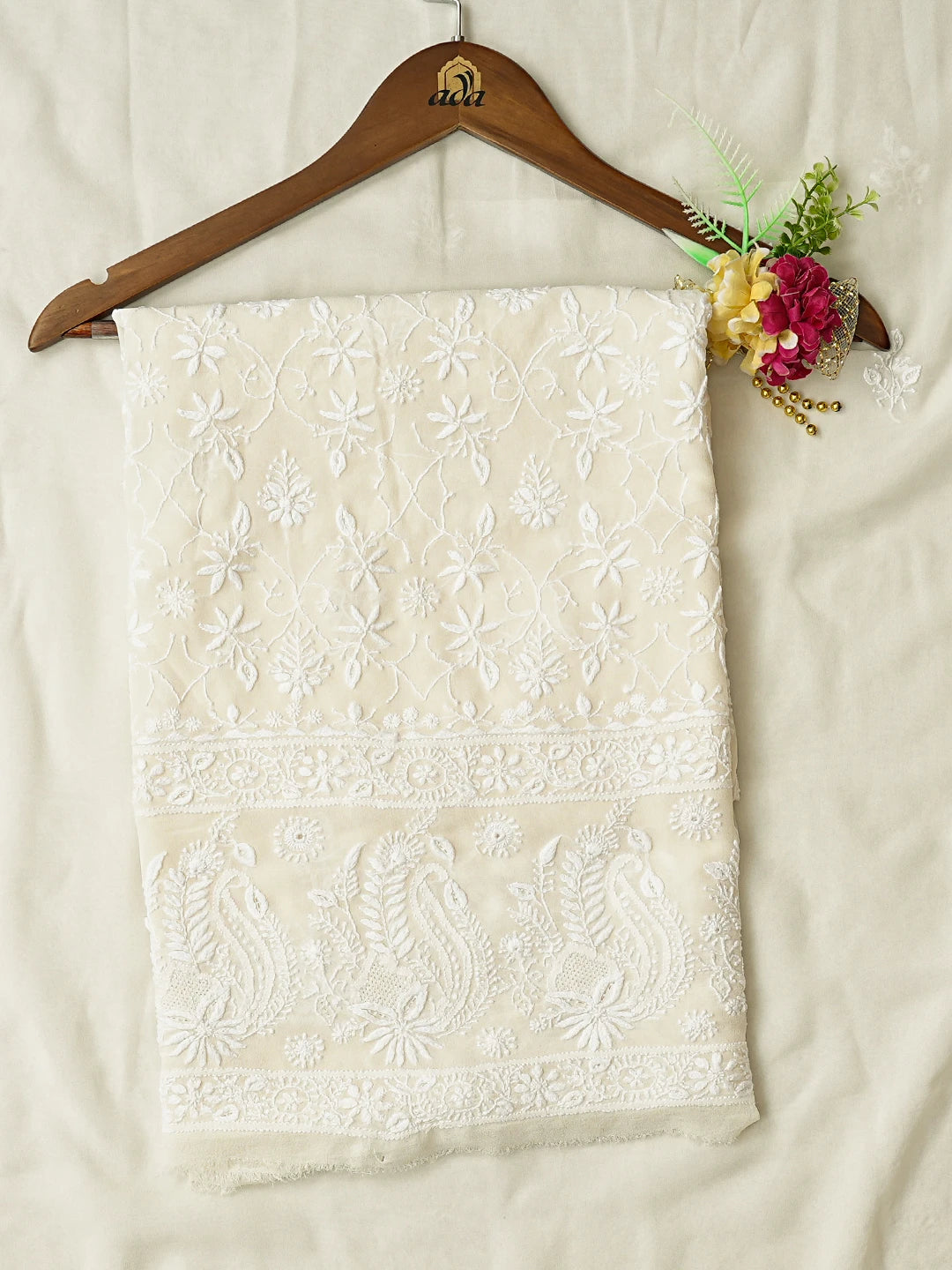 Ada Hand Embroidered Ivory White Pure Georgette Lucknowi Chikankari Unstitched Kurta Dupatta Set 01A836304