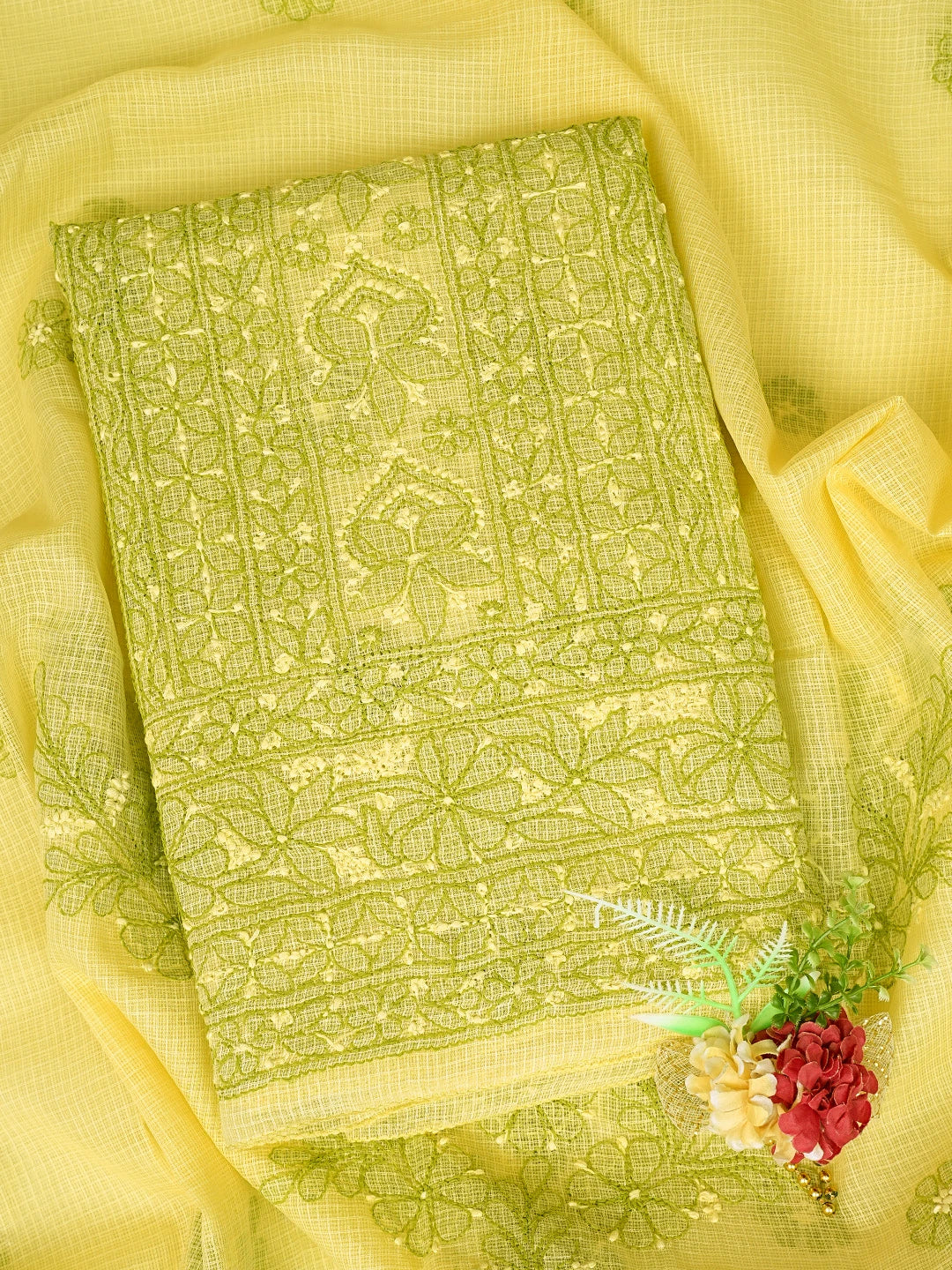 Ada Hand Embroidered Lemon Kota Lucknowi Chikankari Unstitched Kurta Dupatta Set 01A831732