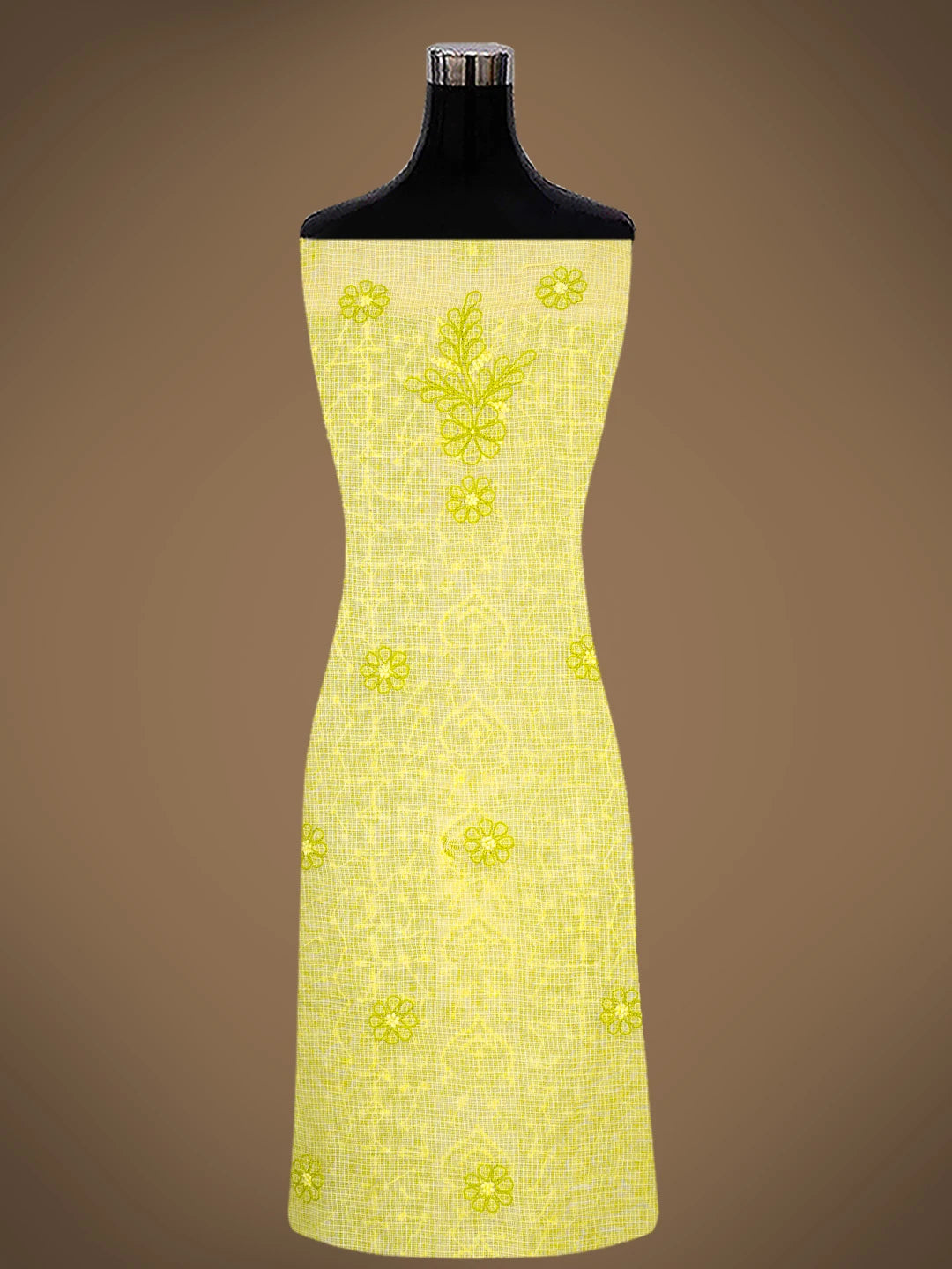 Ada Hand Embroidered Lemon Kota Lucknowi Chikankari Unstitched Kurta Dupatta Set 01A831732