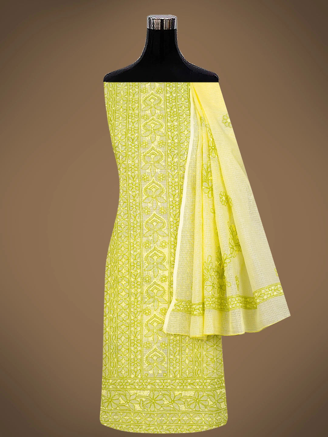 Ada Hand Embroidered Lemon Kota Lucknowi Chikankari Unstitched Kurta Dupatta Set 01A831732