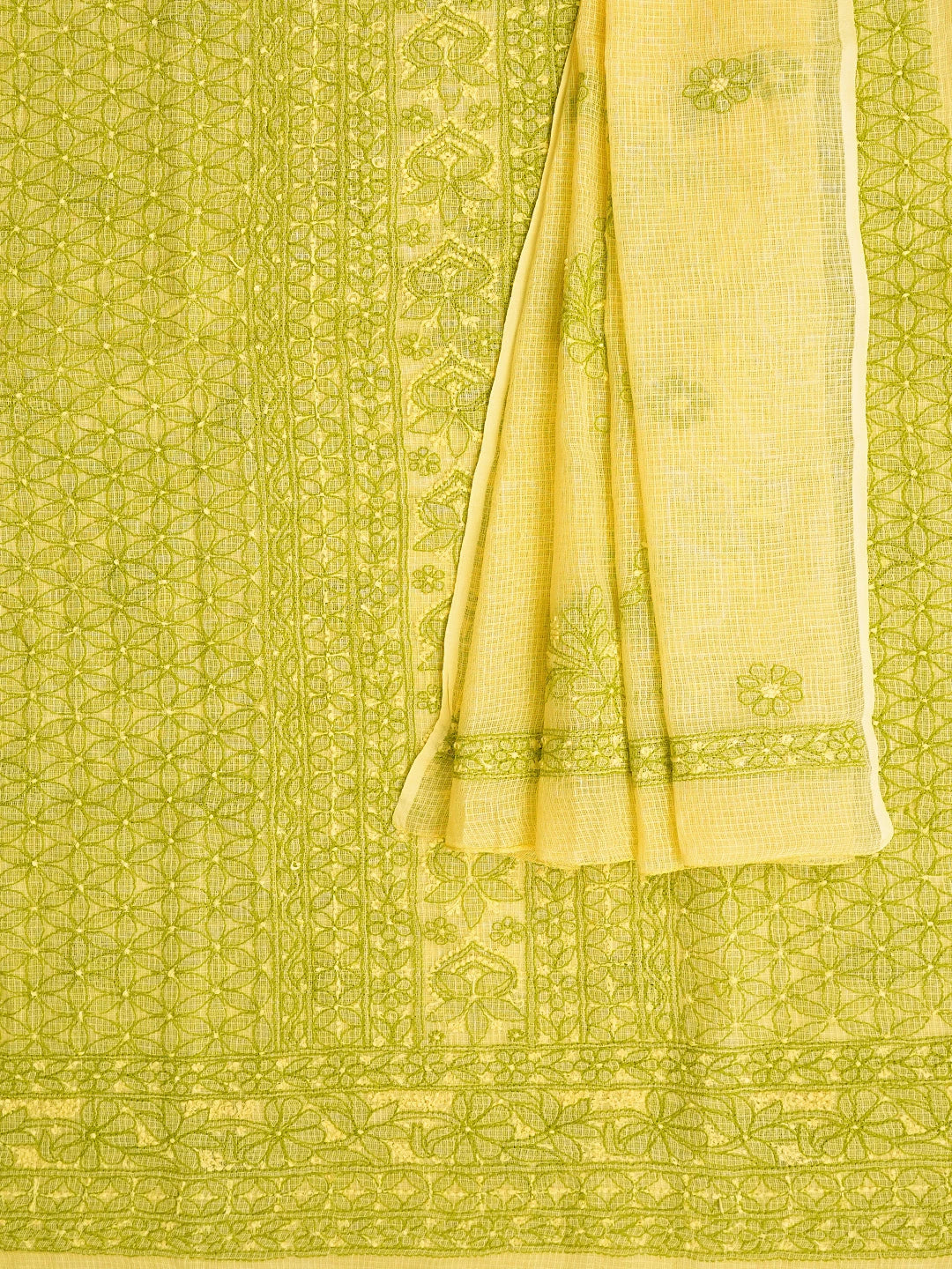 Ada Hand Embroidered Lemon Kota Lucknowi Chikankari Unstitched Kurta Dupatta Set 01A831732