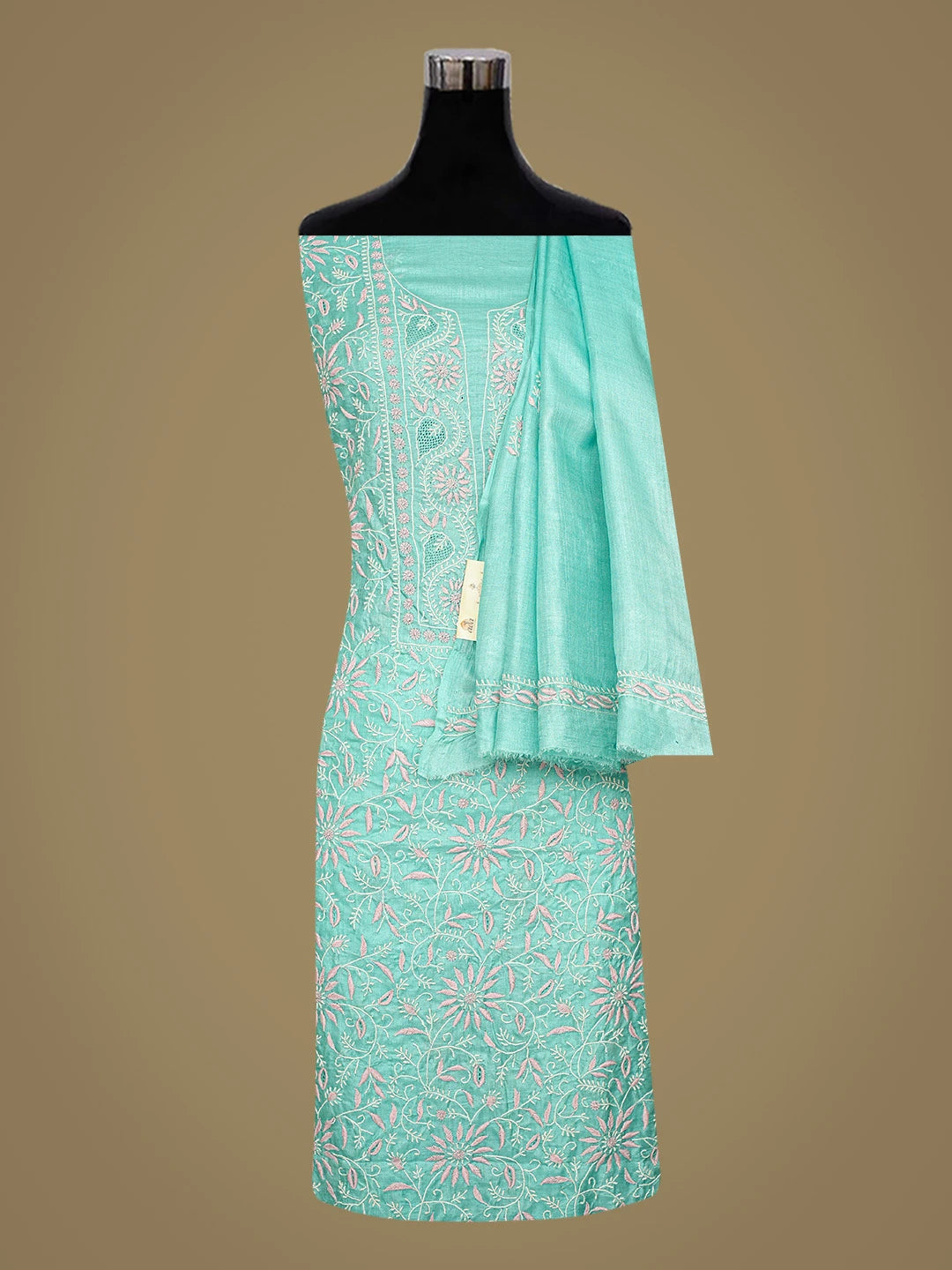 Ada Hand Embroidered Sky Blue Silk Lucknowi Chikankari Unstitched Kurta Dupatta Set 01A836088