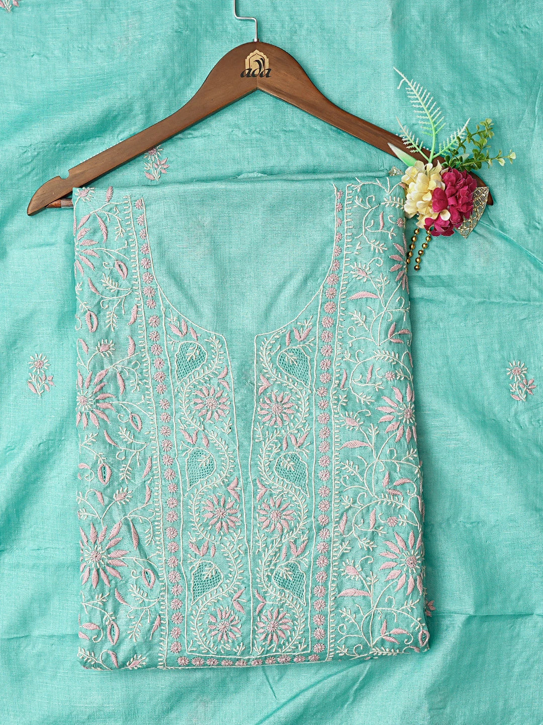 Ada Hand Embroidered Sky Blue Silk Lucknowi Chikankari Unstitched Kurta Dupatta Set 01A836088