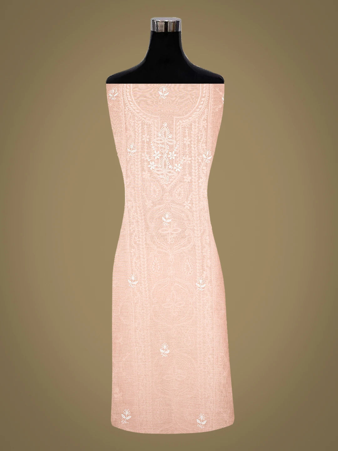 Ada Hand Embroidered Peach Chanderi Lucknowi Chikankari Unstitched Kurta Dupatta Set 01A836882