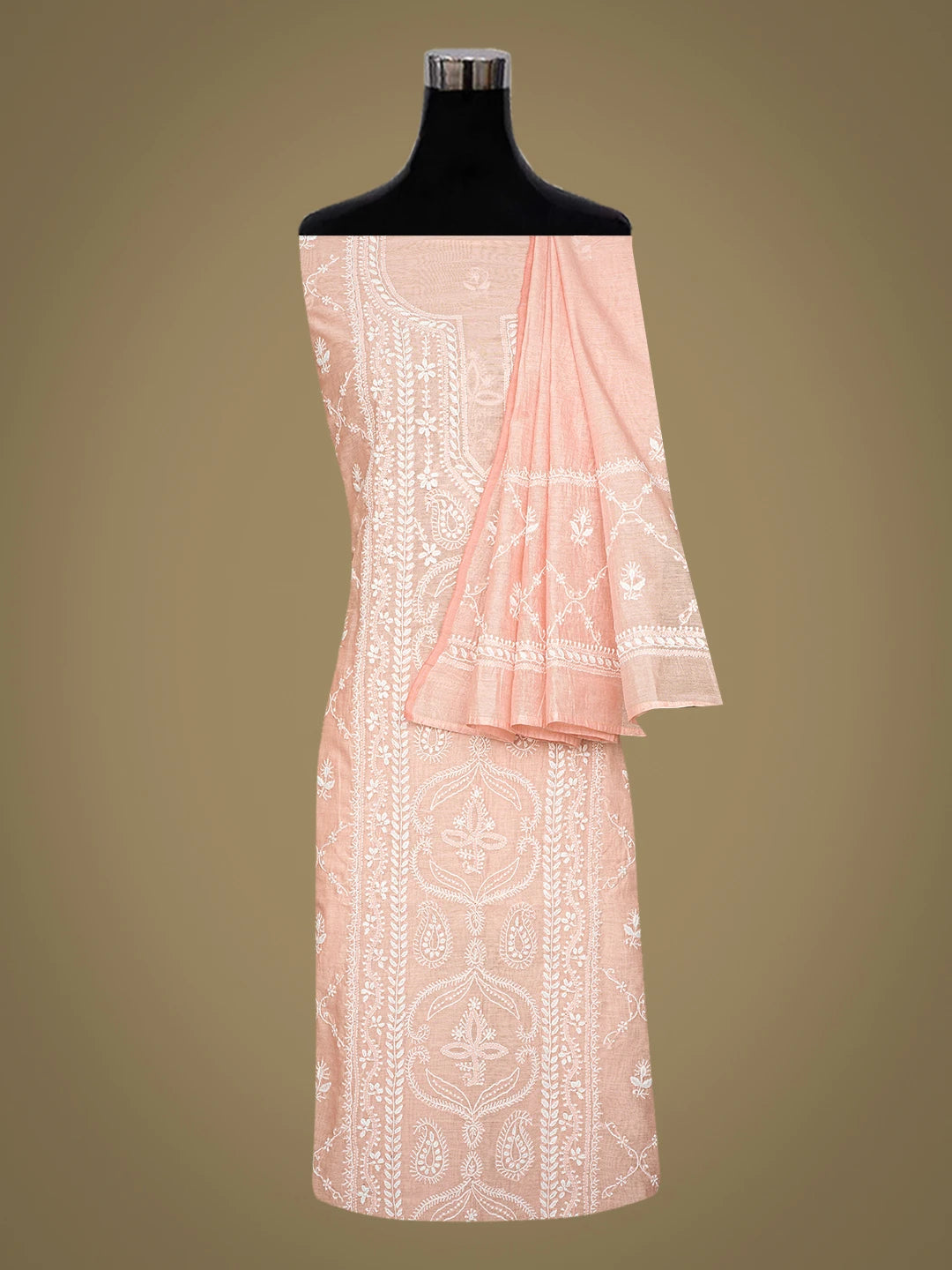 Ada Hand Embroidered Peach Chanderi Lucknowi Chikankari Unstitched Kurta Dupatta Set 01A836882
