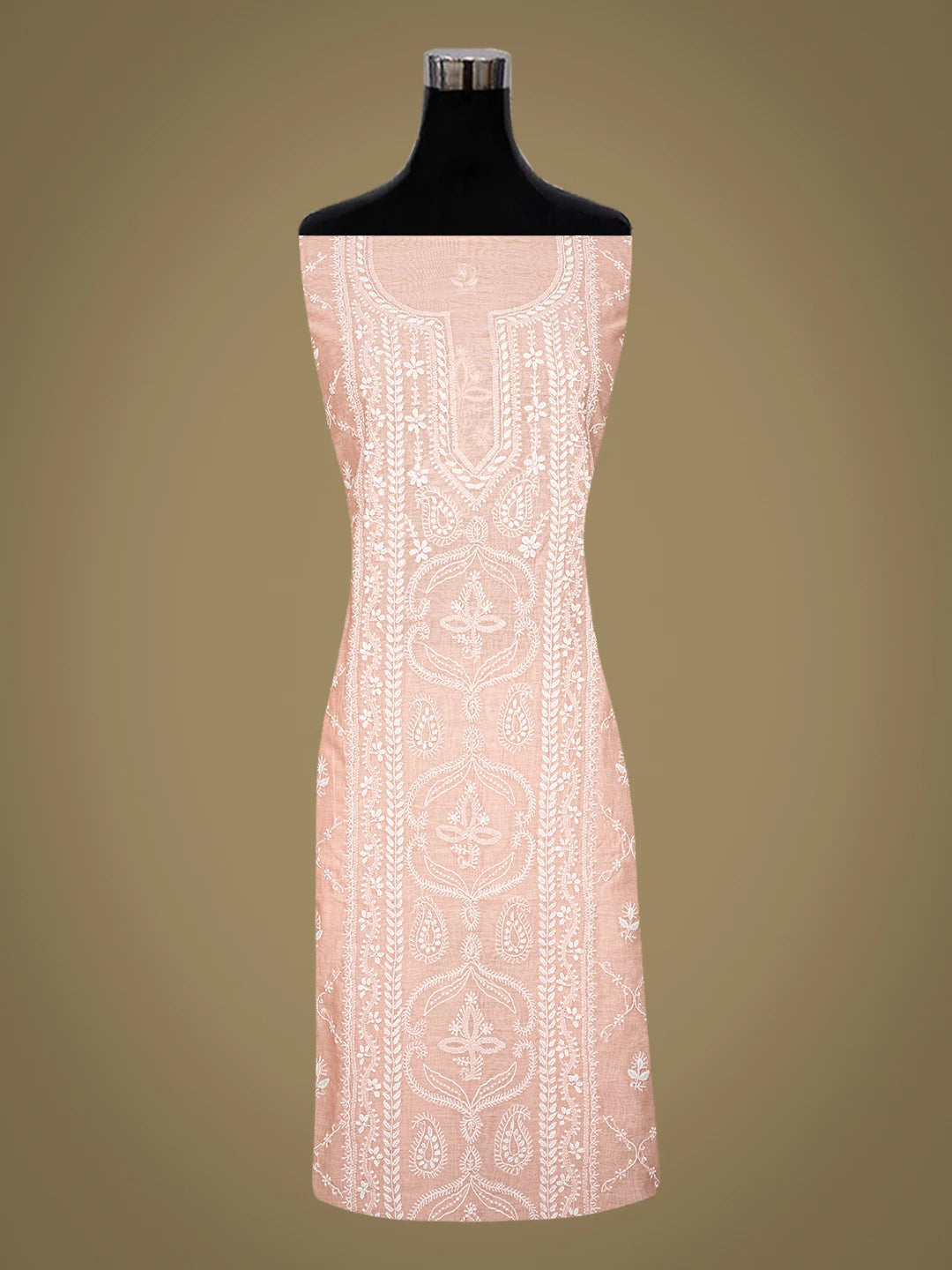 Ada Hand Embroidered Peach Chanderi Lucknowi Chikankari Unstitched Kurta Dupatta Set 01A836882