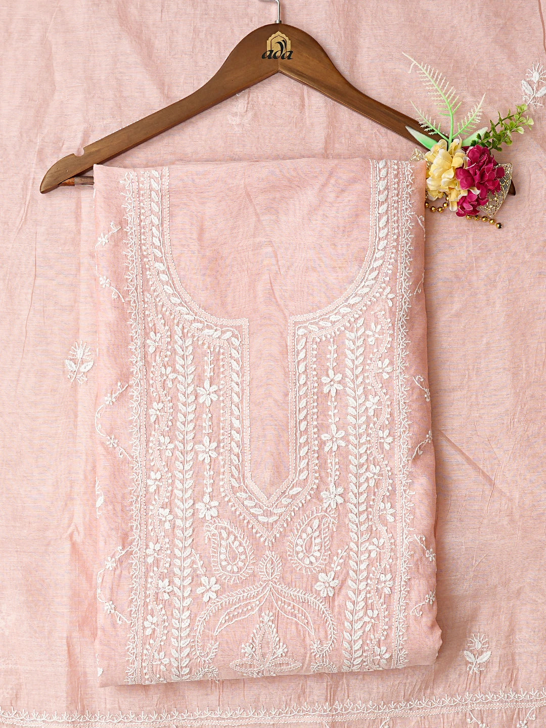 Ada Hand Embroidered Peach Chanderi Lucknowi Chikankari Unstitched Kurta Dupatta Set 01A836882