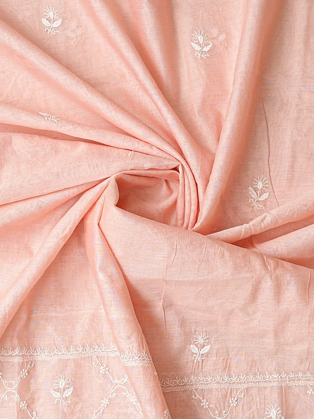 Ada Hand Embroidered Peach Chanderi Lucknowi Chikankari Unstitched Kurta Dupatta Set 01A836882