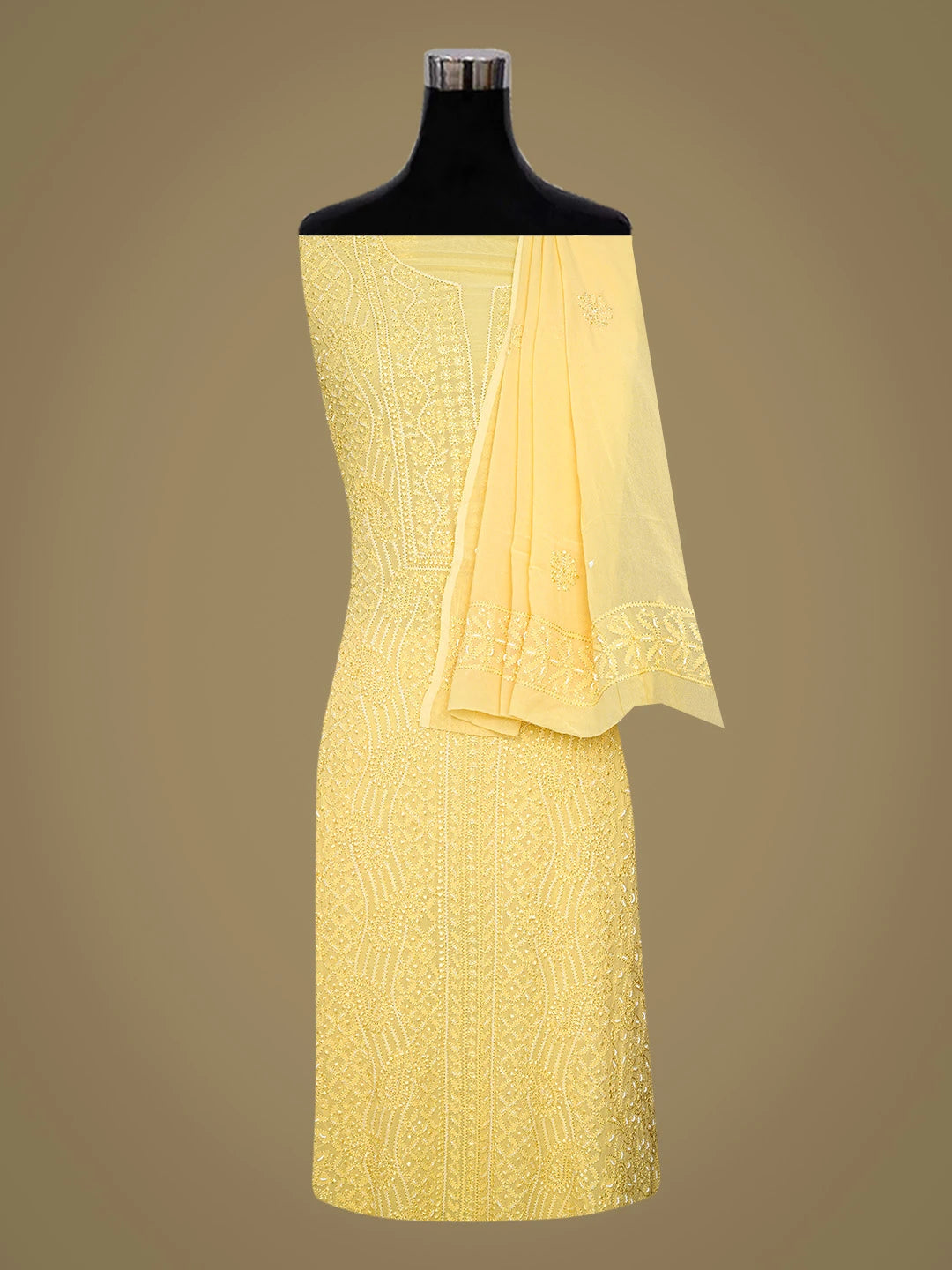 Ada Hand Embroidered Yellow Viscose Georgette Lucknowi Chikankari Unstitched Kurta Dupatta Set With Pearl Work 01A751138