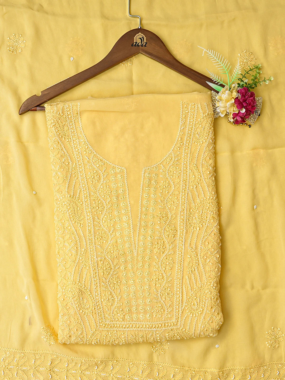 Ada Hand Embroidered Yellow Viscose Georgette Lucknowi Chikankari Unstitched Kurta Dupatta Set With Pearl Work 01A751138