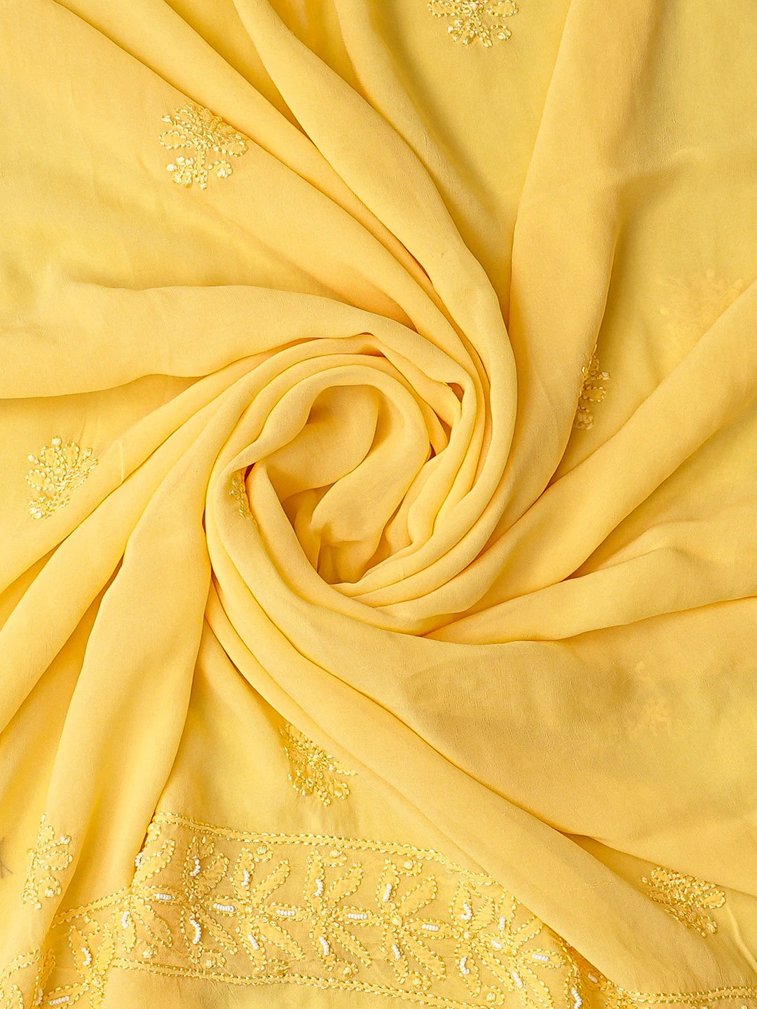 Ada Hand Embroidered Yellow Viscose Georgette Lucknowi Chikankari Unstitched Kurta Dupatta Set With Pearl Work 01A751138