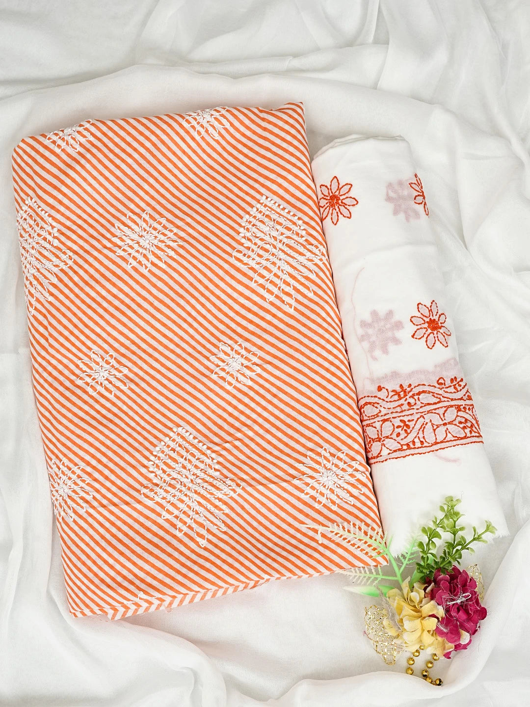 Ada Hand Embroidered Orange and White Cotton Lucknowi Chikankari Unstitched Suit Piece 01A836816