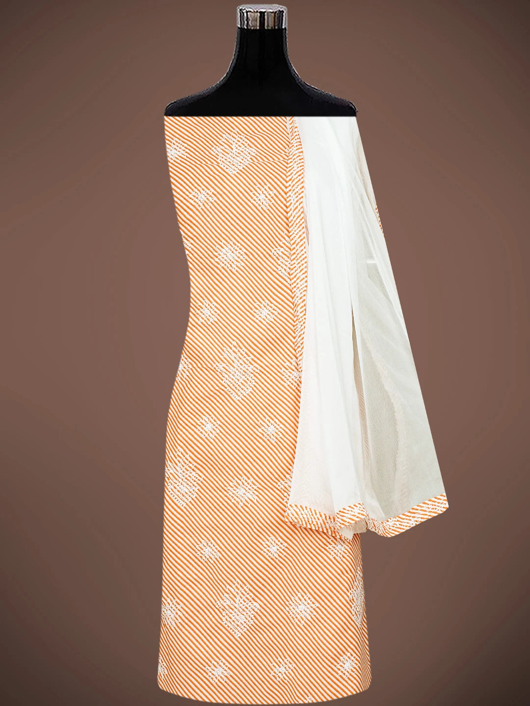 Ada Hand Embroidered Orange and White Cotton Lucknowi Chikankari Unstitched Suit Piece 01A836816
