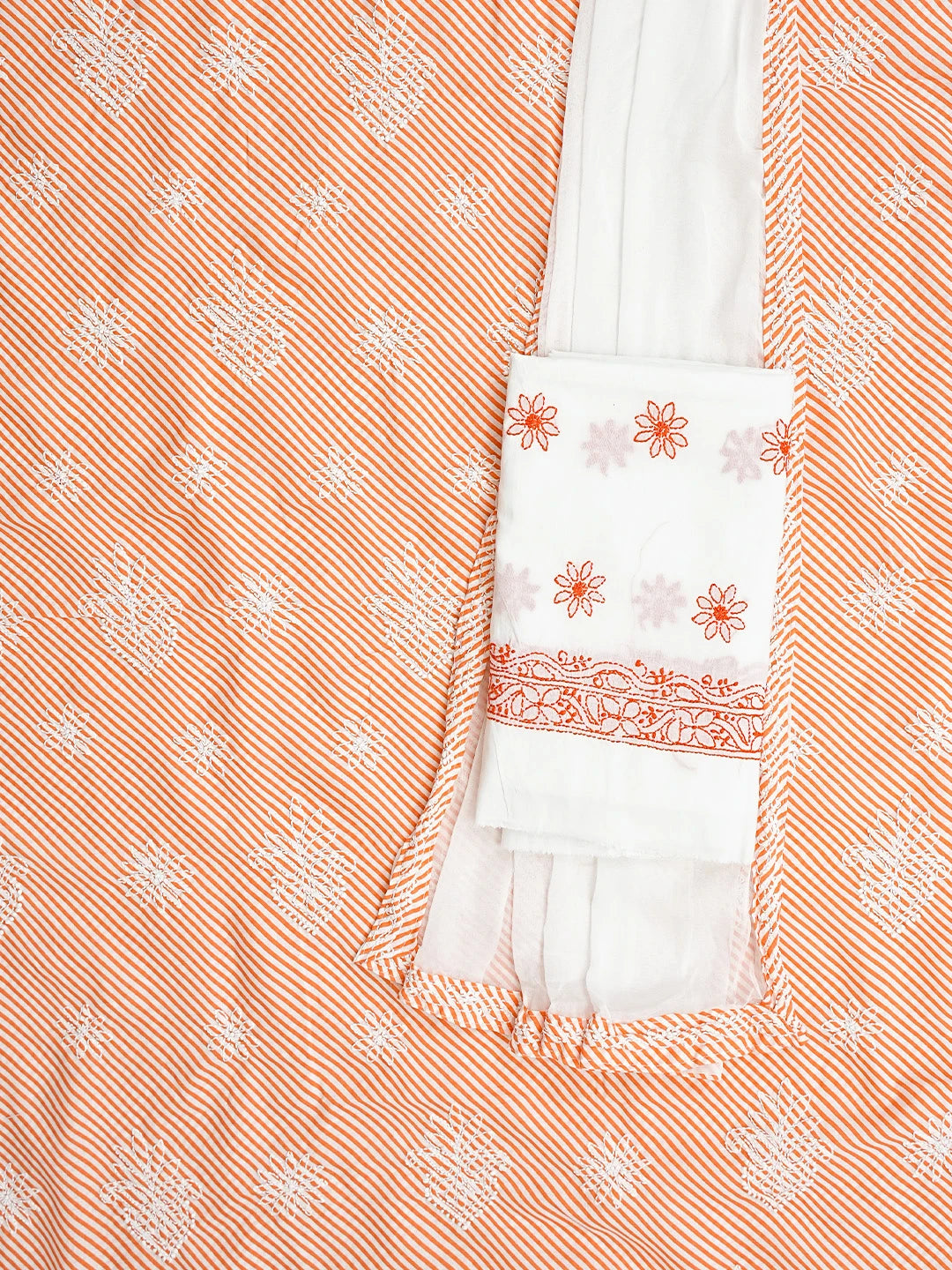 Ada Hand Embroidered Orange and White Cotton Lucknowi Chikankari Unstitched Suit Piece 01A836816