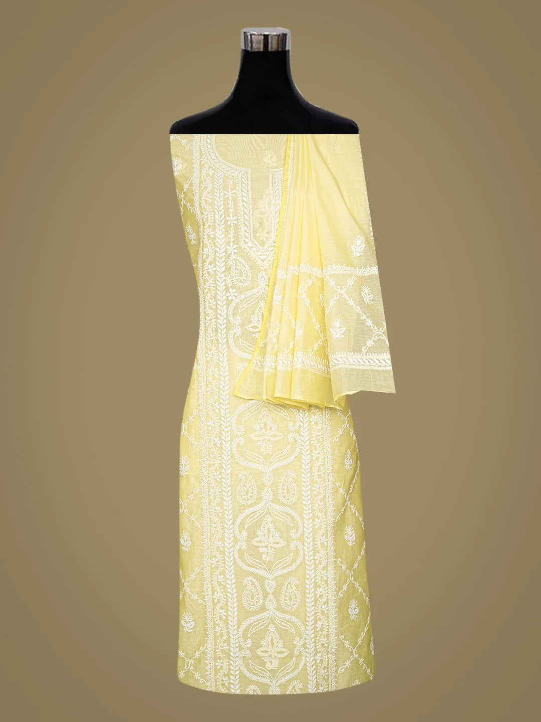 Ada Hand Embroidered Lemon Chanderi Lucknowi Chikankari Unstitched Kurta Dupatta Set 01A836880