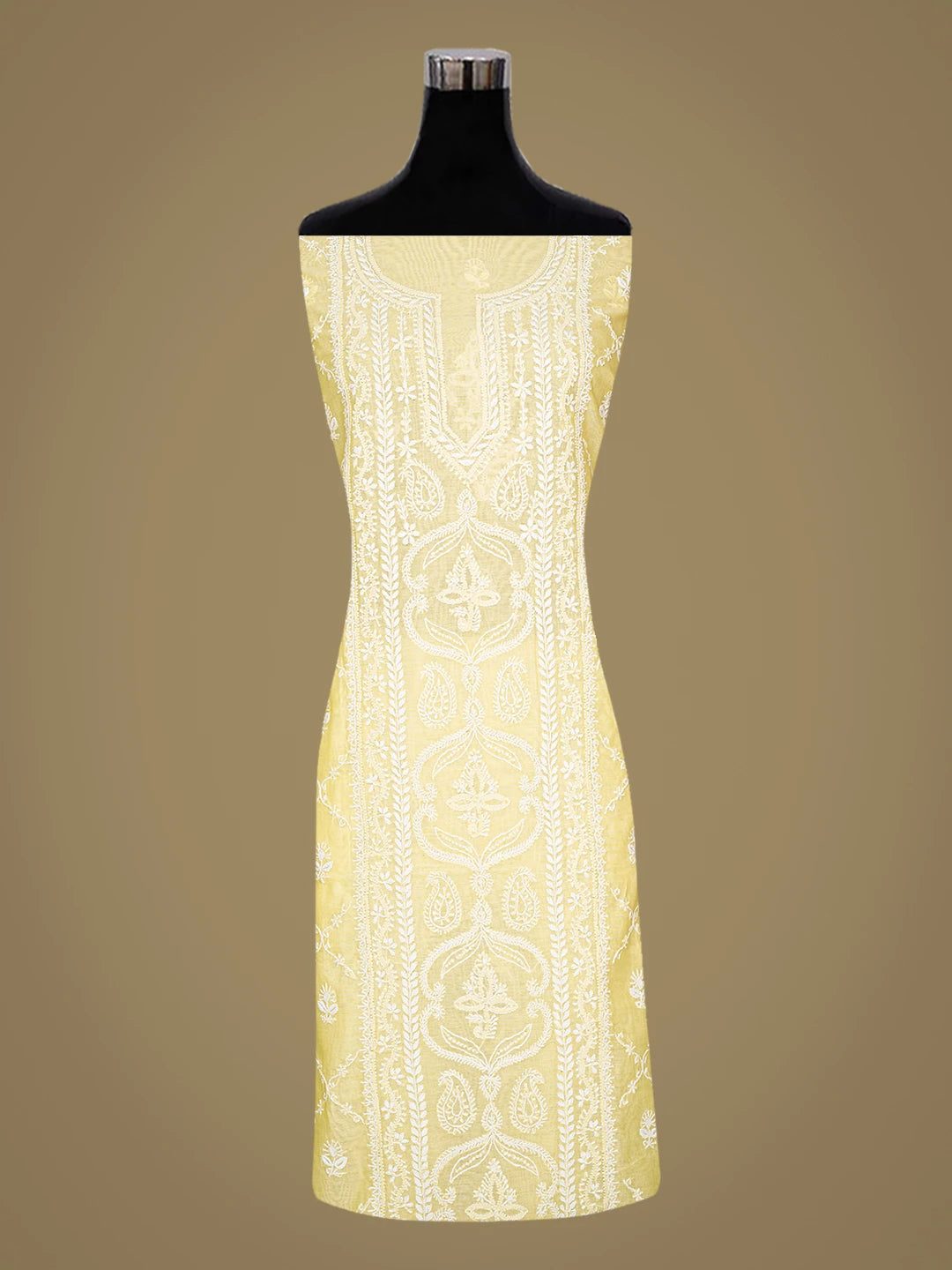Ada Hand Embroidered Lemon Chanderi Lucknowi Chikankari Unstitched Kurta Dupatta Set 01A836880