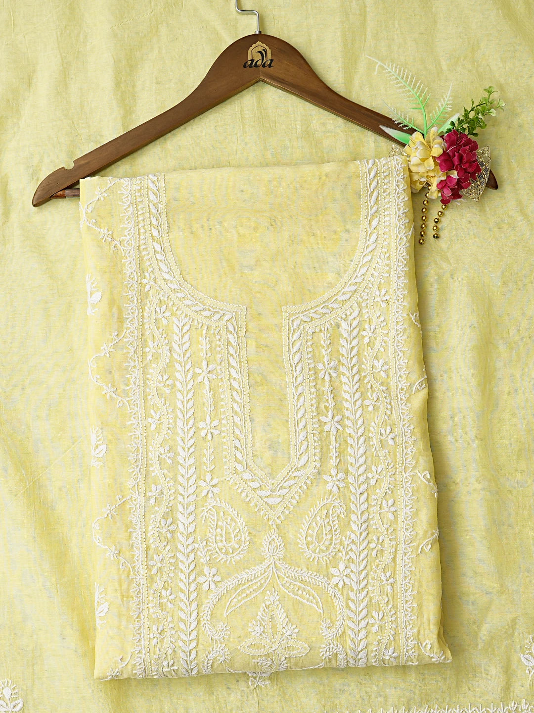 Ada Hand Embroidered Lemon Chanderi Lucknowi Chikankari Unstitched Kurta Dupatta Set 01A836880