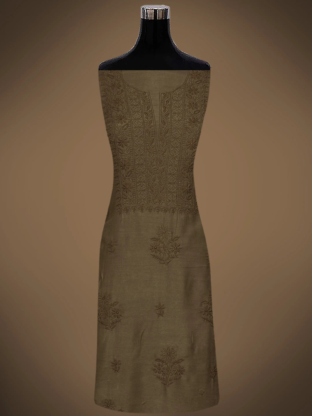 Ada Hand Embroidered Dark Tan Fawn Muslin Lucknowi Chikankari Unstitched Suit Piece 01A773439