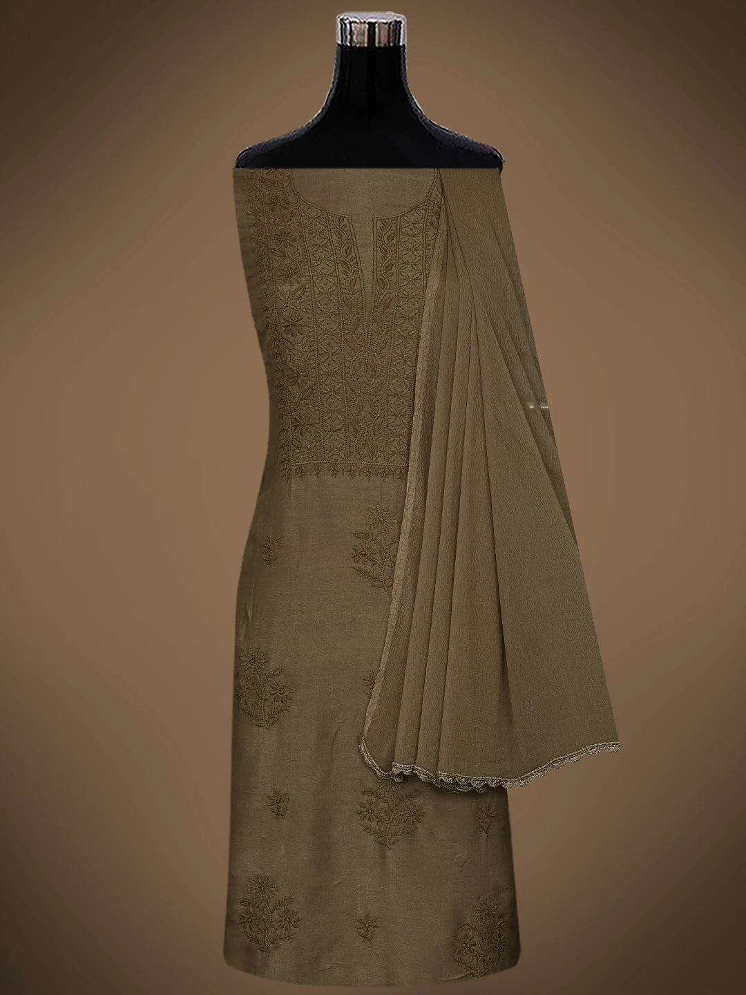 Ada Hand Embroidered Dark Tan Fawn Muslin Lucknowi Chikankari Unstitched Suit Piece 01A773439