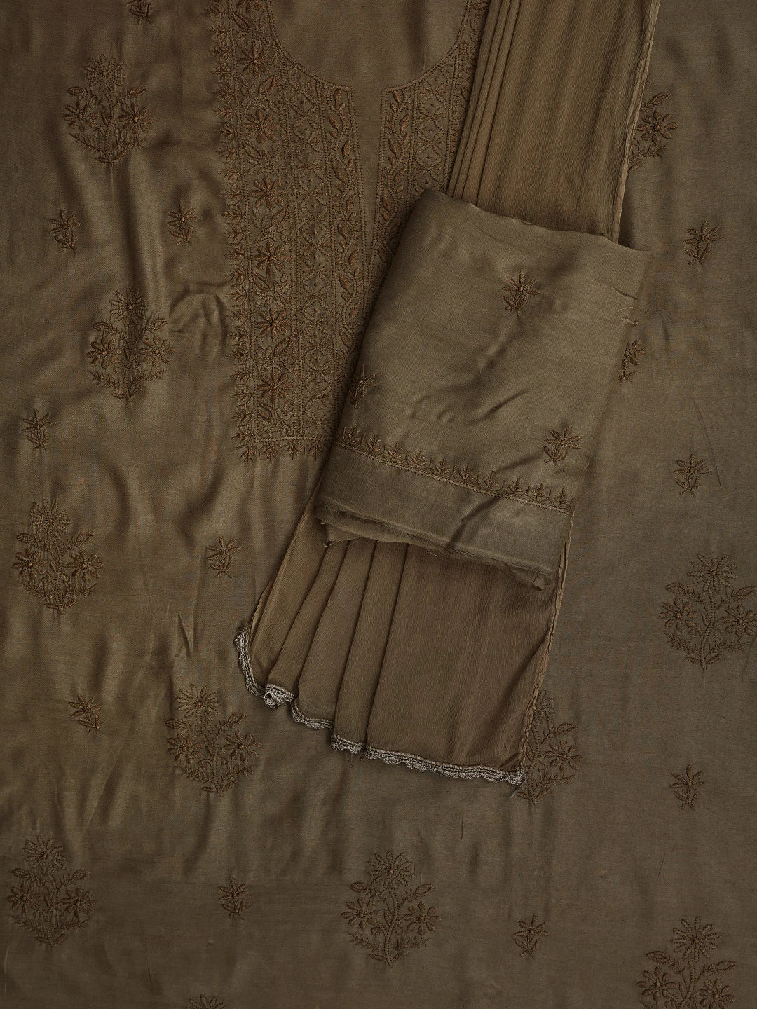 Ada Hand Embroidered Dark Tan Fawn Muslin Lucknowi Chikankari Unstitched Suit Piece 01A773439