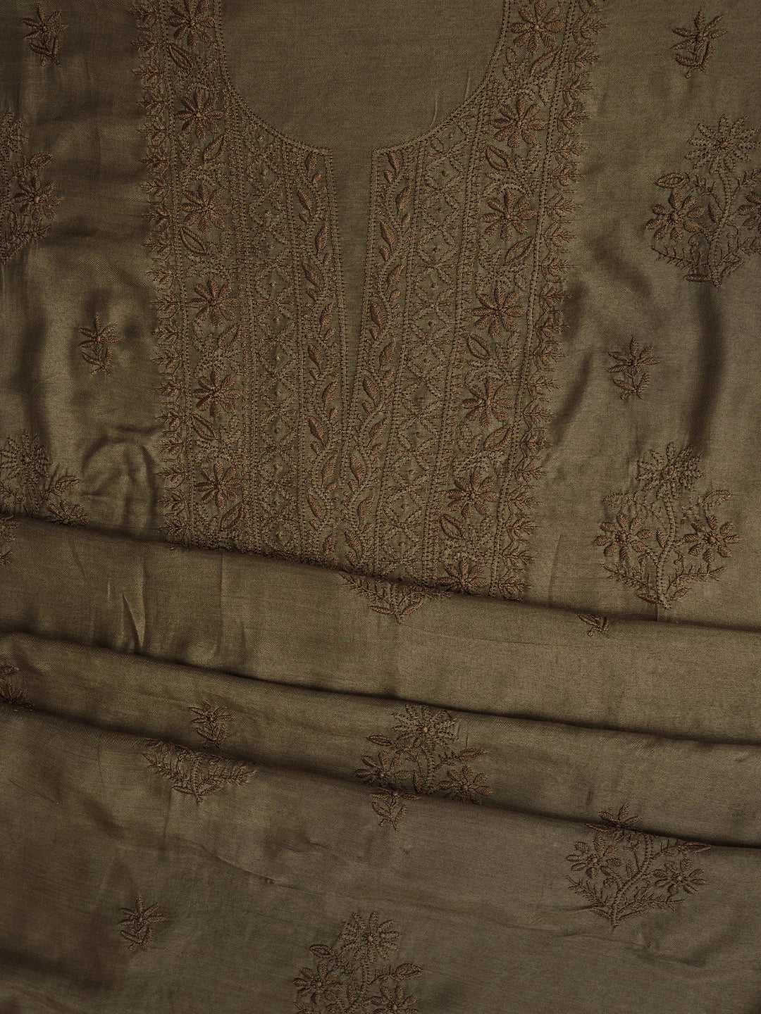 Ada Hand Embroidered Dark Tan Fawn Muslin Lucknowi Chikankari Unstitched Suit Piece 01A773439