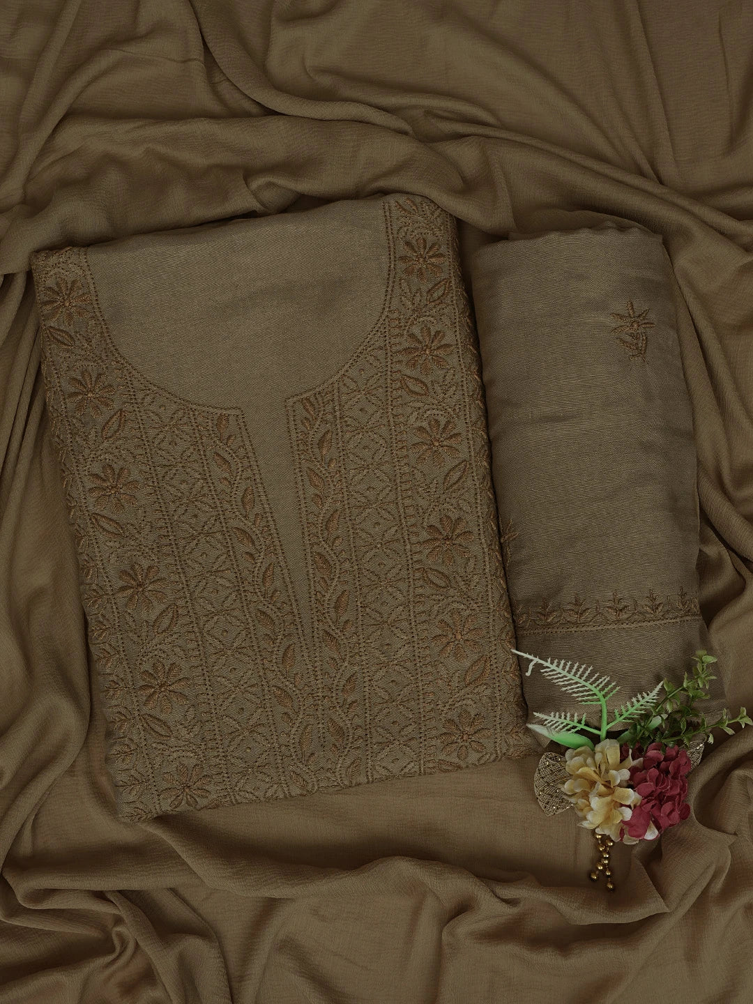 Ada Hand Embroidered Dark Tan Fawn Muslin Lucknowi Chikankari Unstitched Suit Piece 01A773439