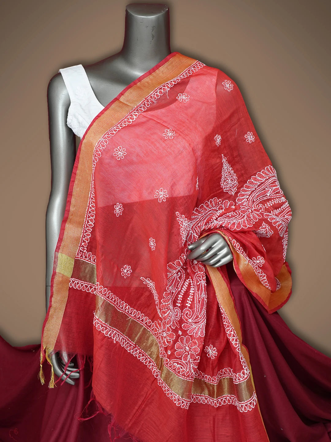 Ada Hand Embroidered Red Chanderi Lucknowi Chikankari Dupatta 01A837562