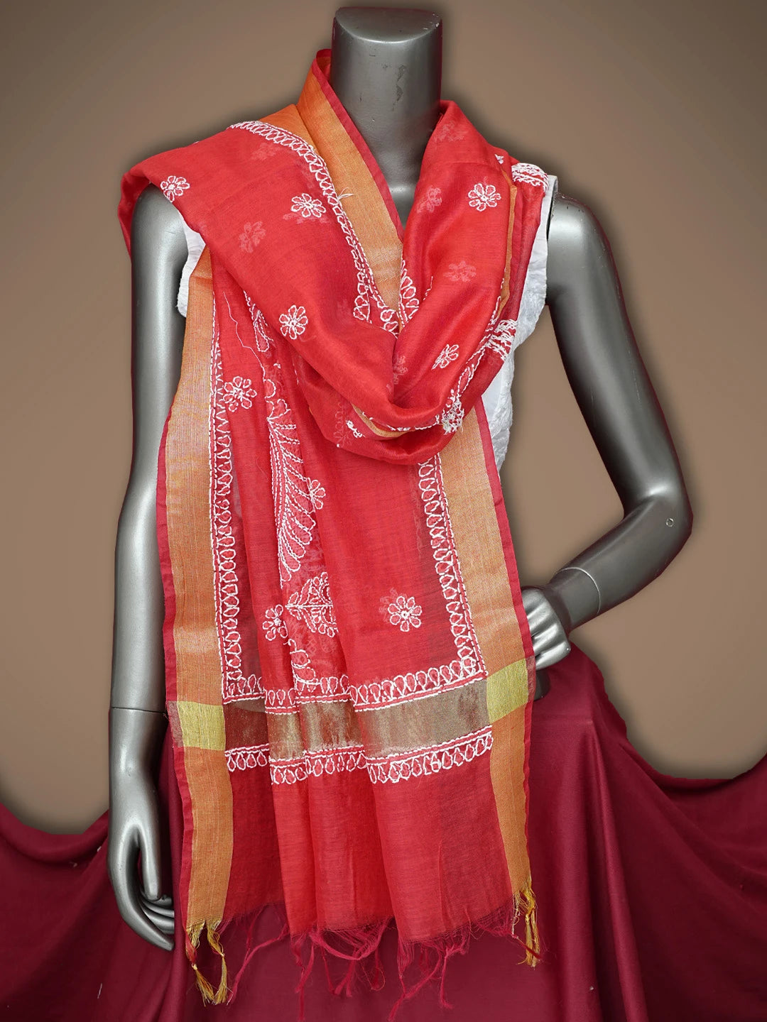 Ada Hand Embroidered Red Chanderi Lucknowi Chikankari Dupatta 01A837562